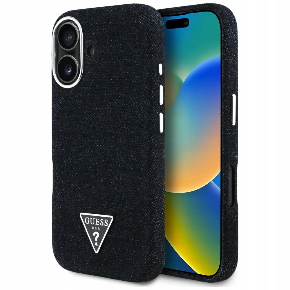 Pouzdro Guess Denim Triangle Logo MagSafe pro Apple iPhone 16, černé