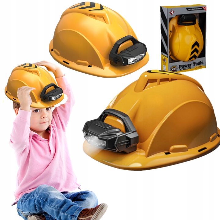 KASK BUDOWLANY Z LATARKĄ EFEKTY ŚWIETLNE NARZĘDZIA MAŁY BUDOWNICZY