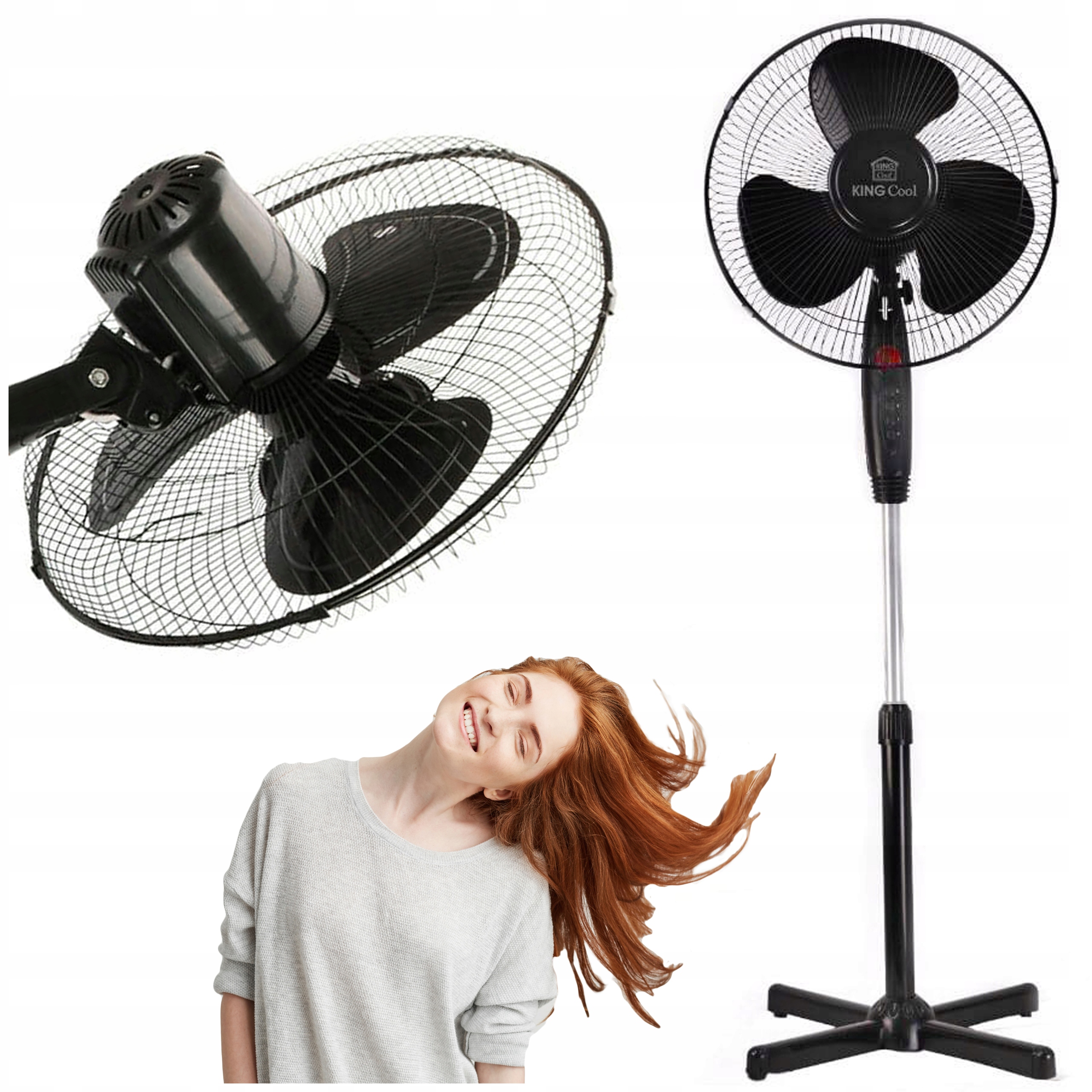 WENTYLATOR PODŁOGOWY WIATRAK STOJĄCY OBROTOWY OSCYLACJA CICHY MOCNY CZARNY