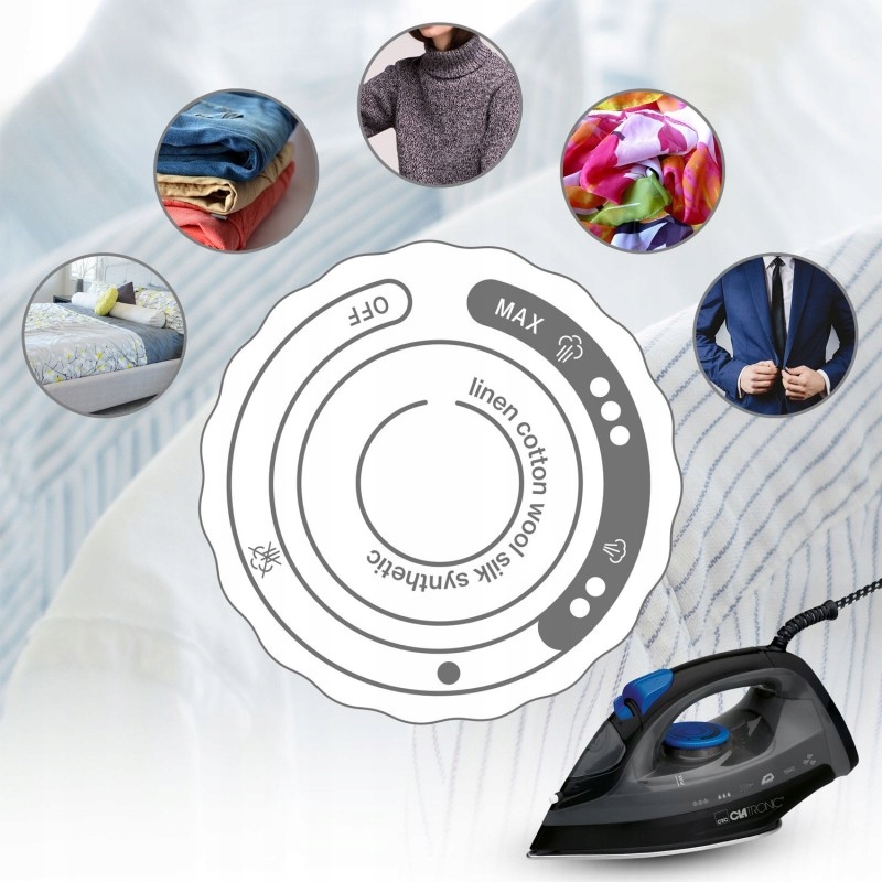 NIEMIECKI MOCNE ŻELAZKO 1800W 7 FUKCJI WYRZUT PARY CLATRONIC DB 3703 Kolor dominujący czarny