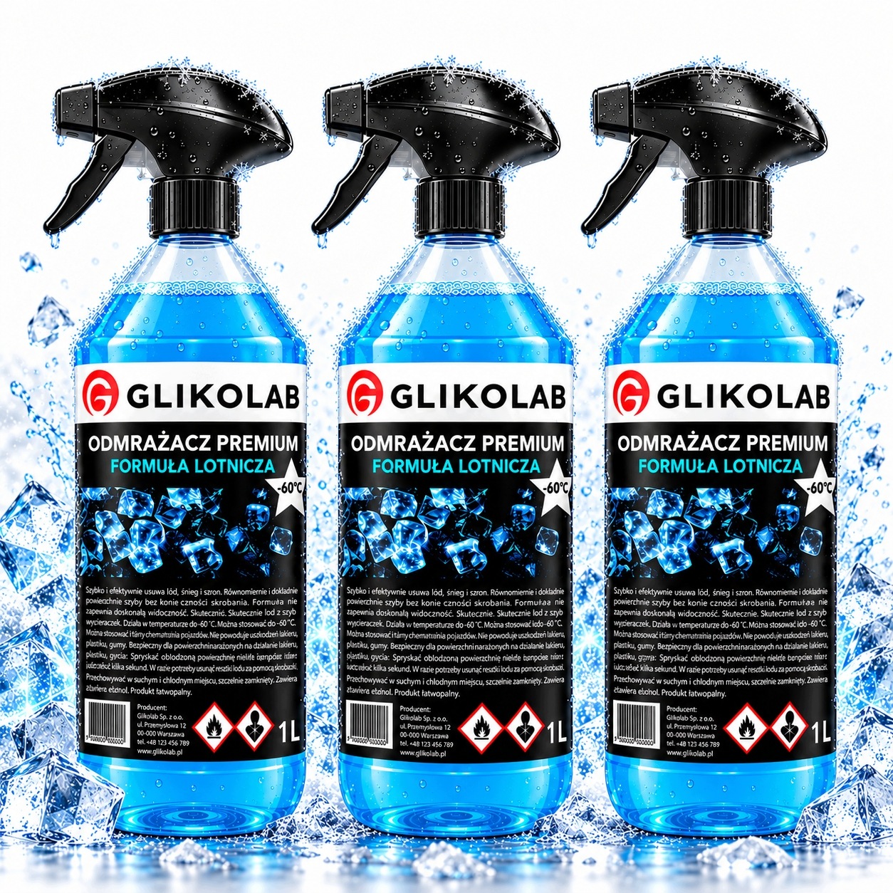 3X Odmrażacz Do Szyb Lodu Premium Mocny -60°C Glikolab 1L Formuła Lotnicza