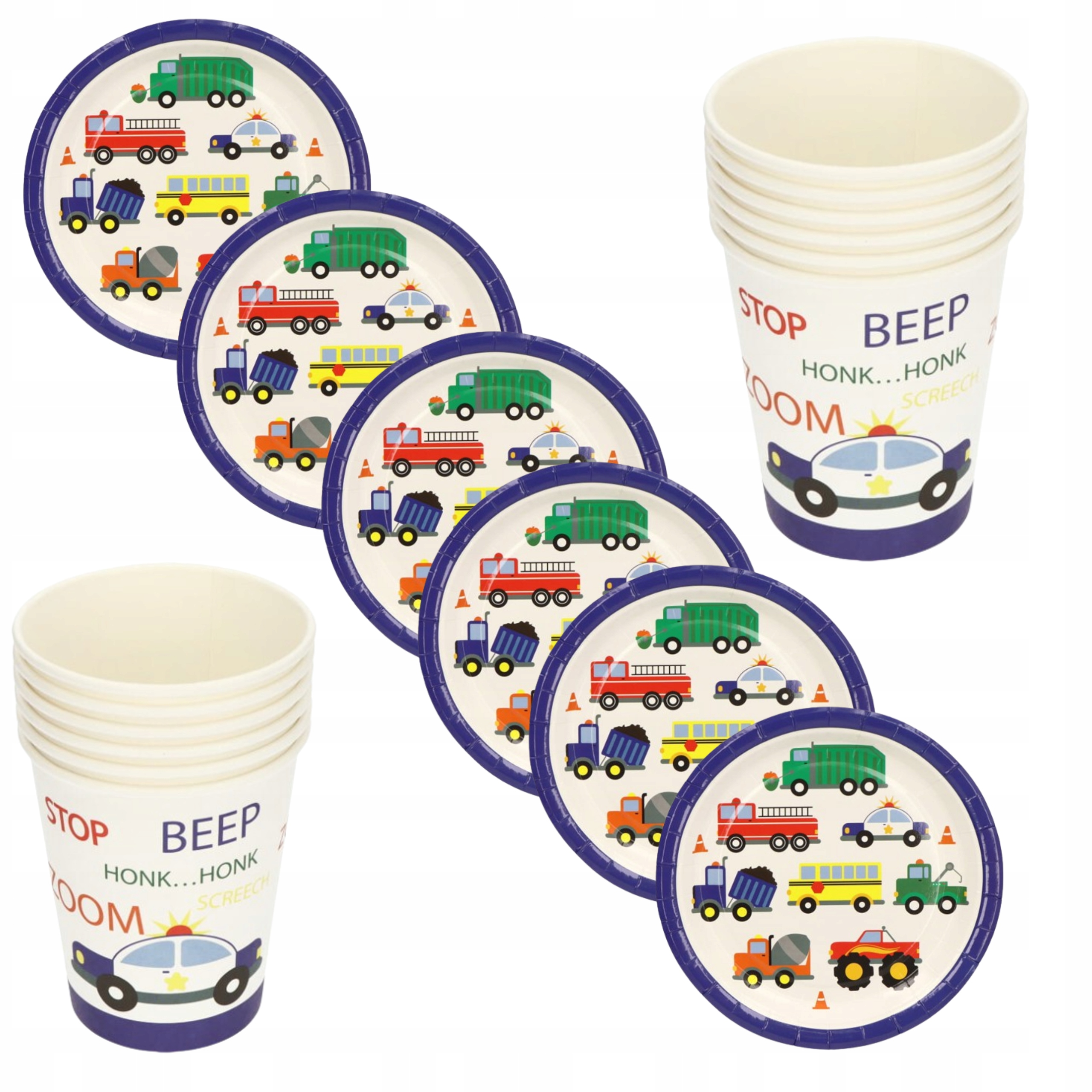 Komplet talerzyki i kubeczki papierowe auta samochody