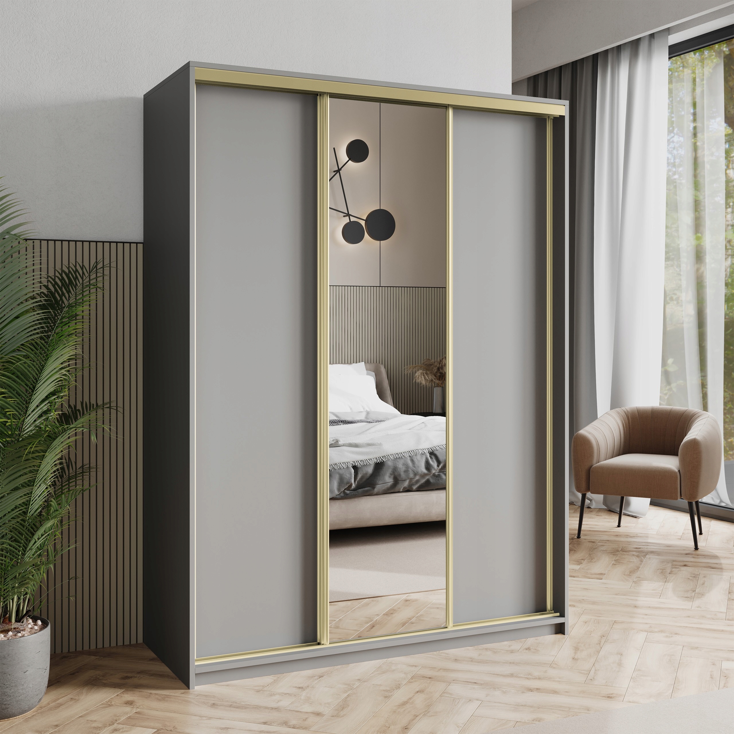 Skříň posuvná skříň Tavi 150 cm se zrcadlem Zásuvky Grafit Zlatá