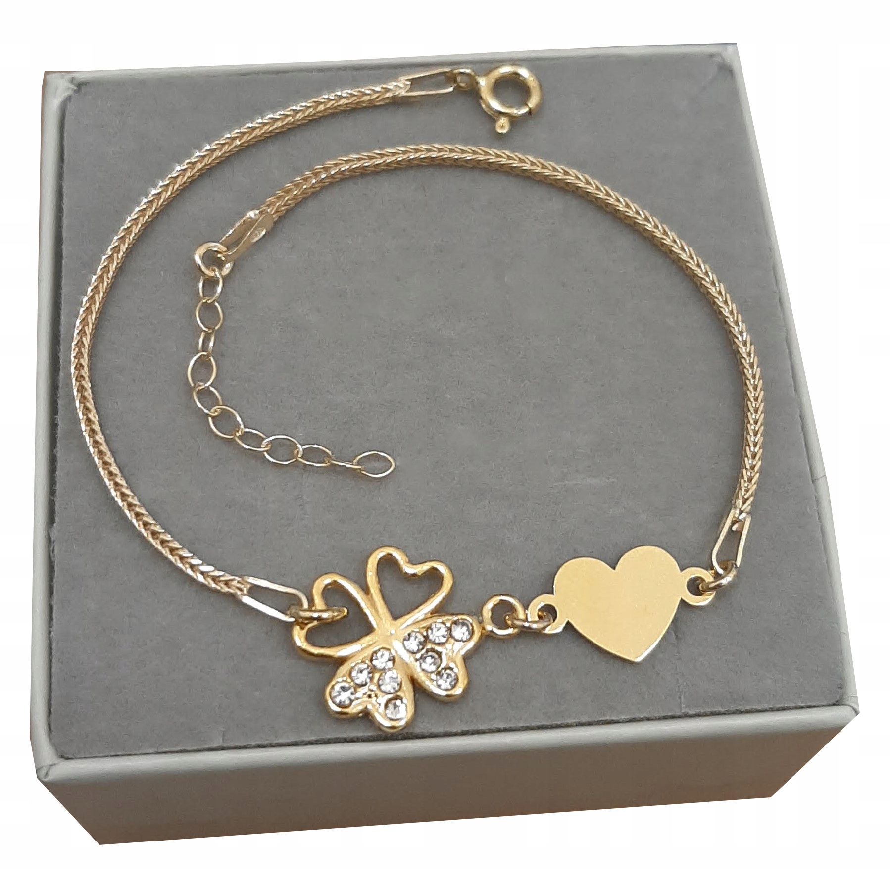 

Złota bransoletka koniczynka Serce Grawer 925