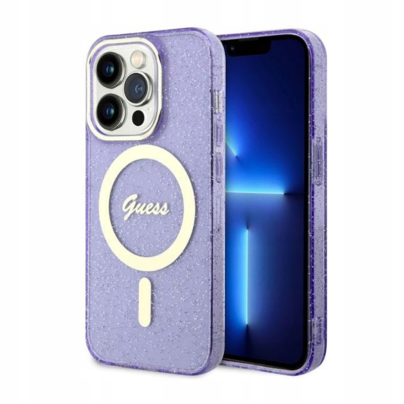 Guess Glitter Gold MagSafe – Pouzdro pro iPhone 14 Pro (fialová barva)