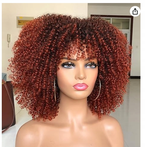 Dámská paruka Afro, Brazilské Kudrnaté Loki Afro Ombre-Burgund 30 cm