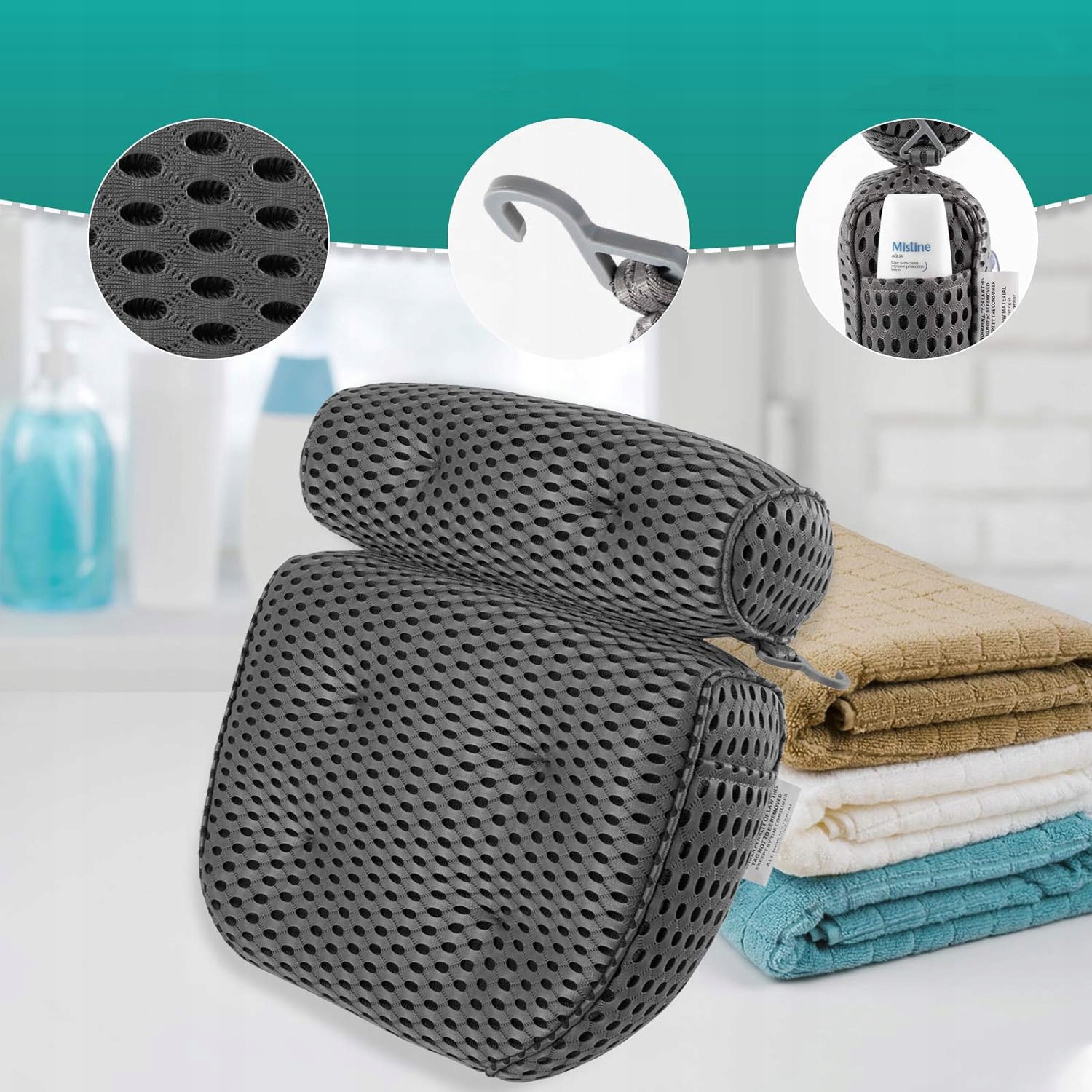 PODUSZKA POD SZYJĘ DO KĄPIELI, PODUSZKA DO KĄPIELI Z SIATKĄ POWIETRZNĄ 4D Materiał wykonania kompozytowa