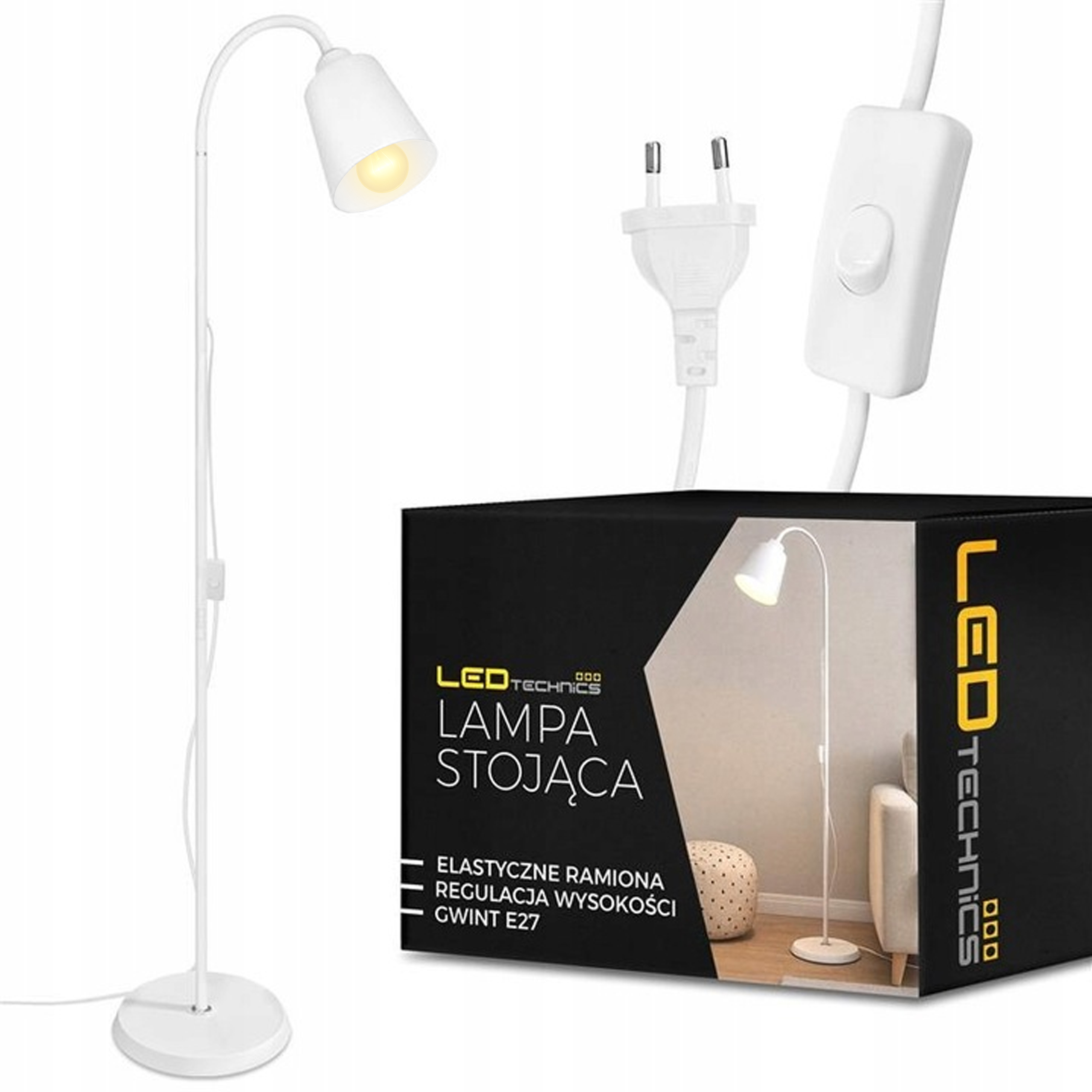 Lampa Stojąca Podłogowa Biała Regulowana 170cm Na E27 LED + Włącznik