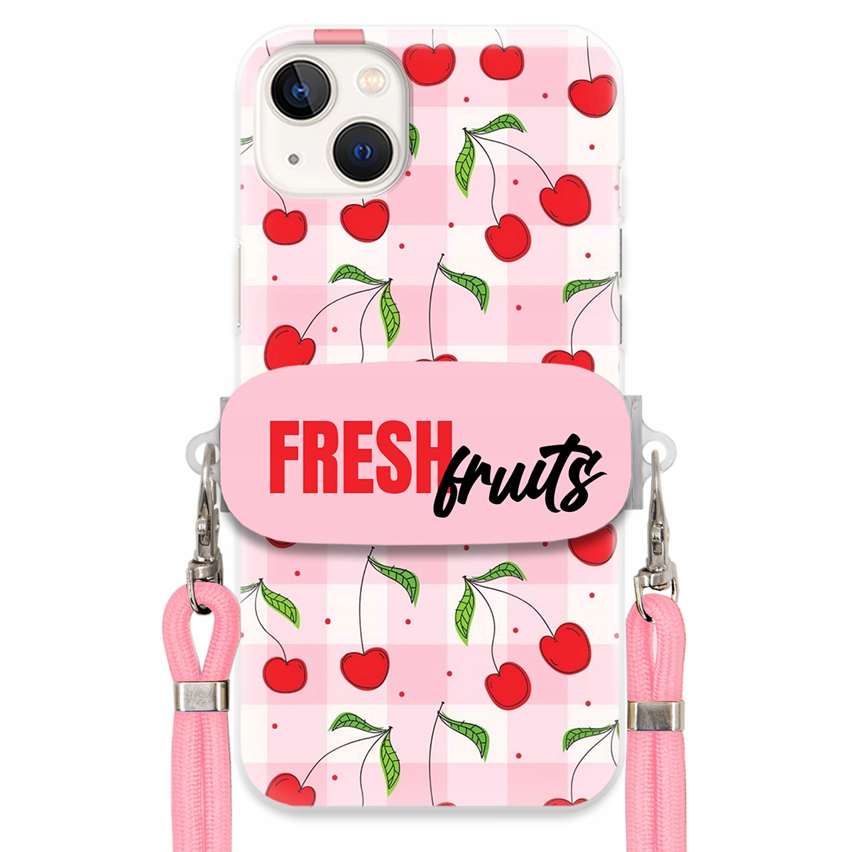 Puzdro pre iPHONE 15 Plus Case držiak na šnúrku Ružový Fresh Fruits Mriežka