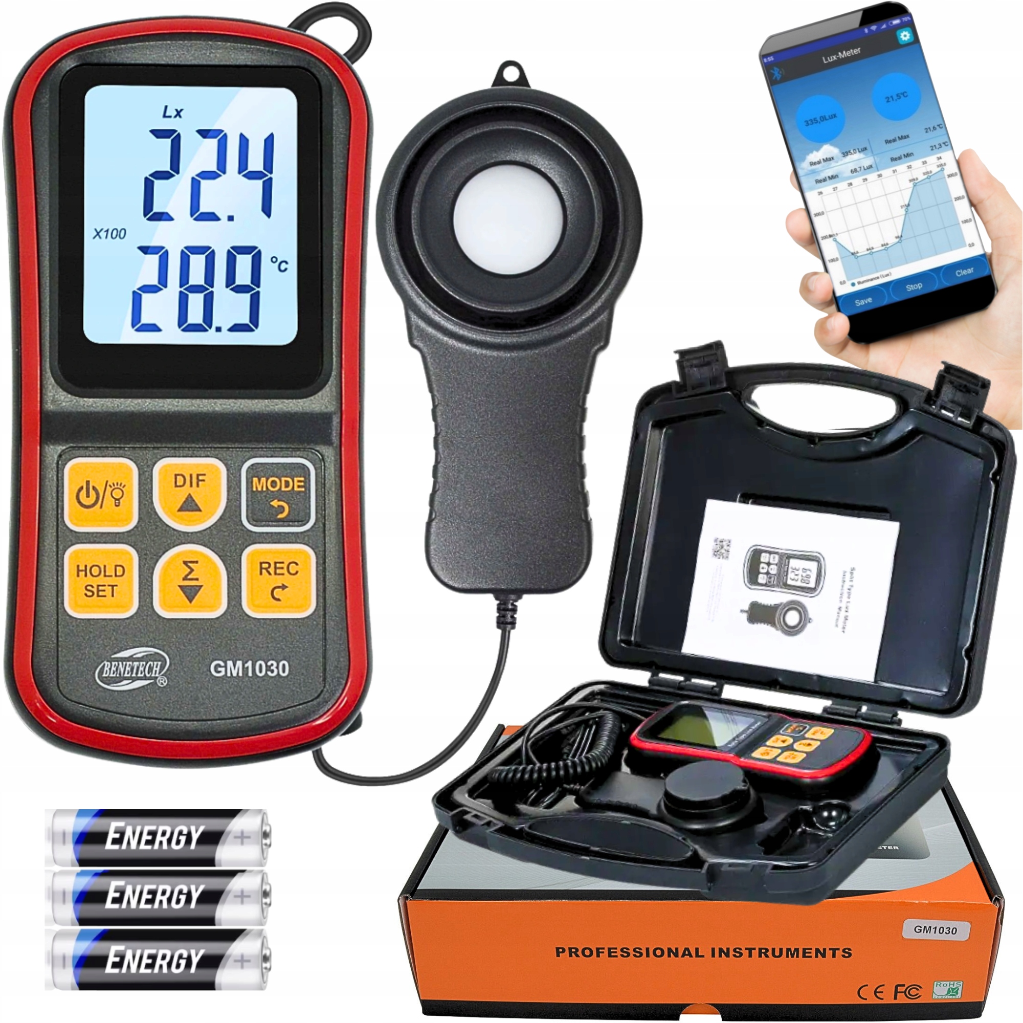 Luxmetr Světloměr Měřič Intenzity Světla Luxometr Bluetooth Tester