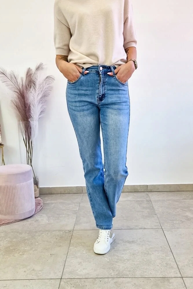 Modré dámské džínové kalhoty s rovnou nohavicí Shiny 4XL