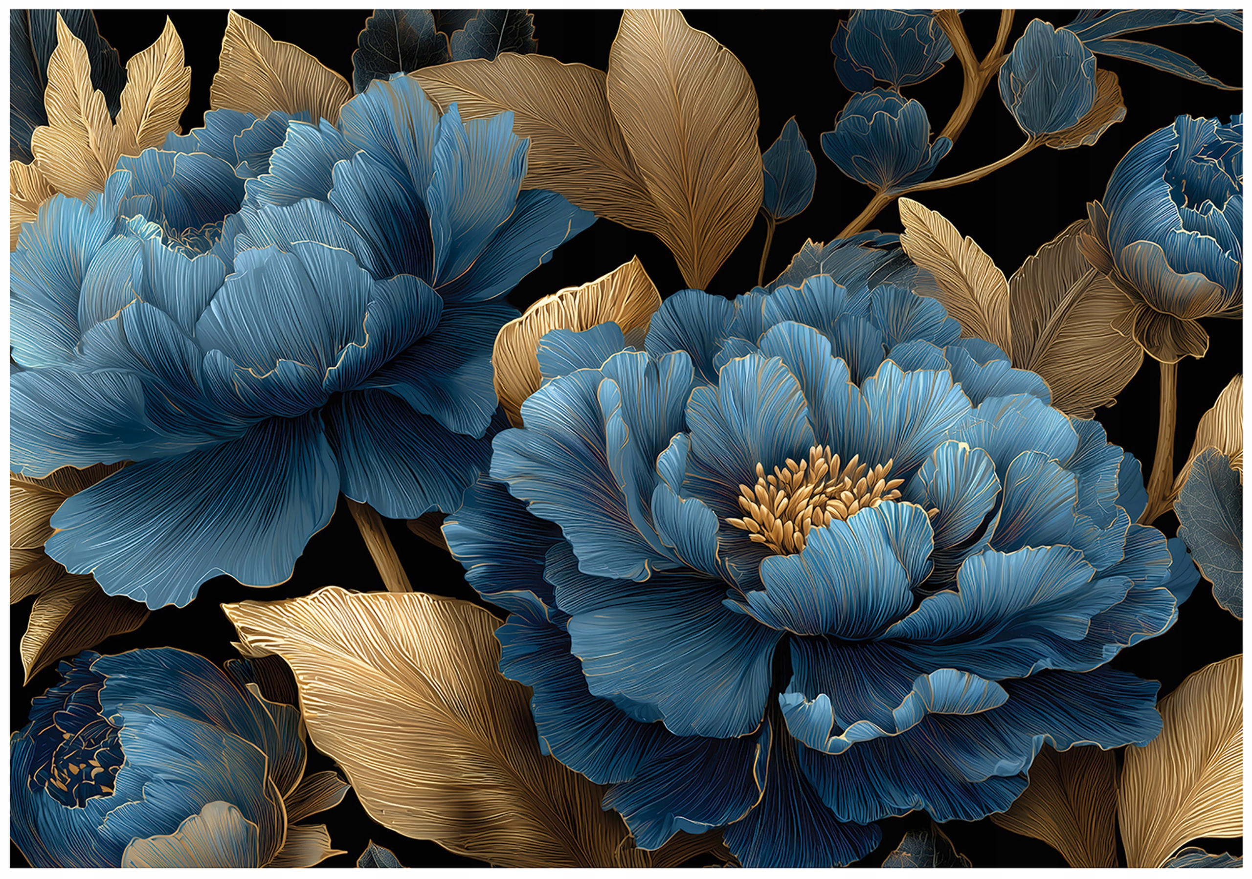 Fototapeta Květiny Listy Glamour Modrá Zlatá Moderní Příroda 200x140