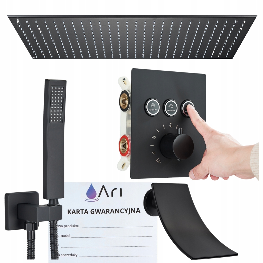 Sprchovací kút do kúpeľne Čierny Mat s dažďovou sprchou Termostat Panel Box Mosadz