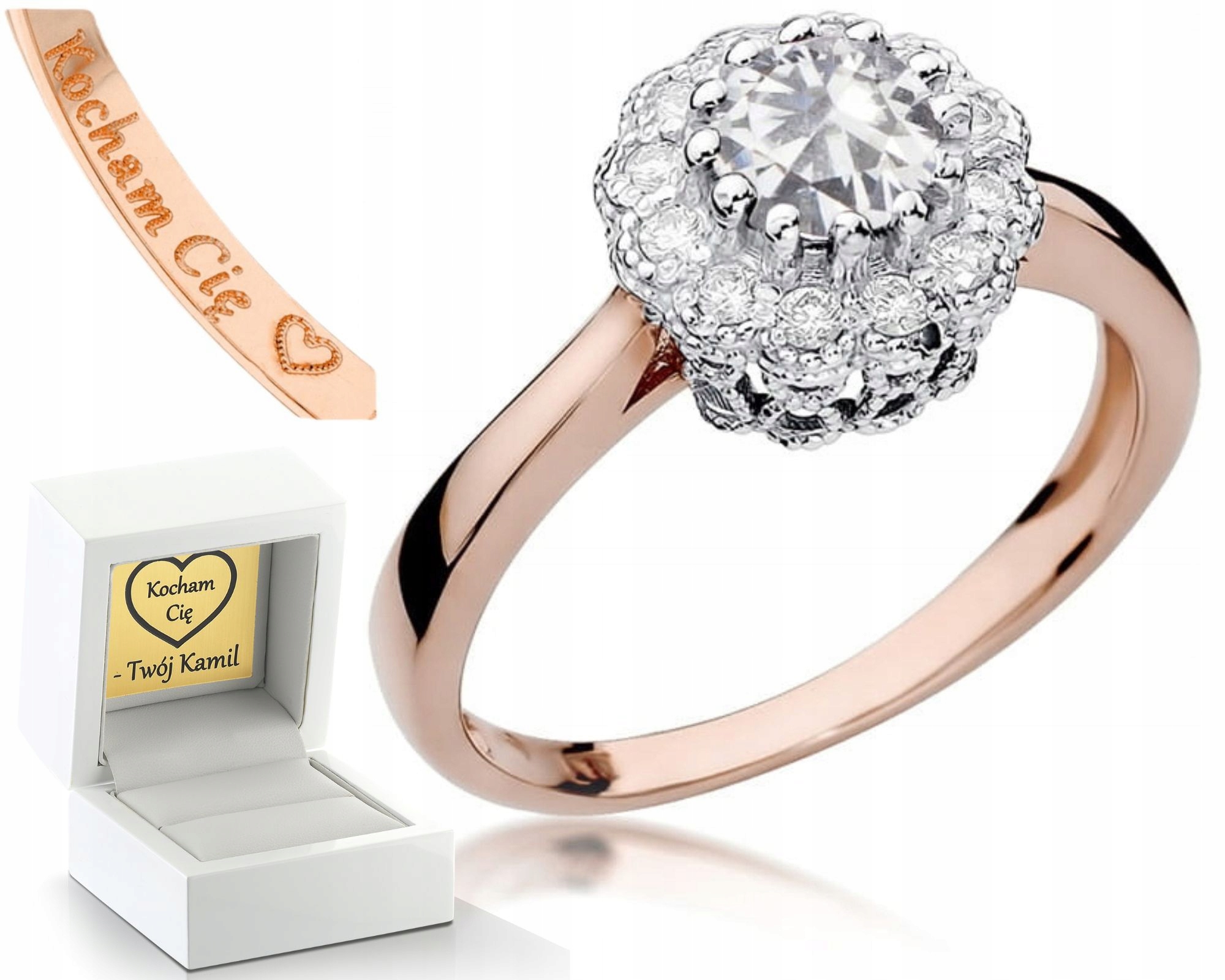 Růžové Zlato Prstýnek Bílý Safír Brilianty 585 Gravírování