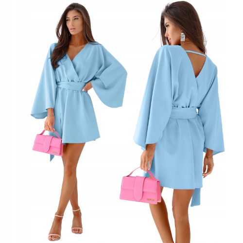 Sukienka Mini Z Przekładanym Dekoltem Błękitna