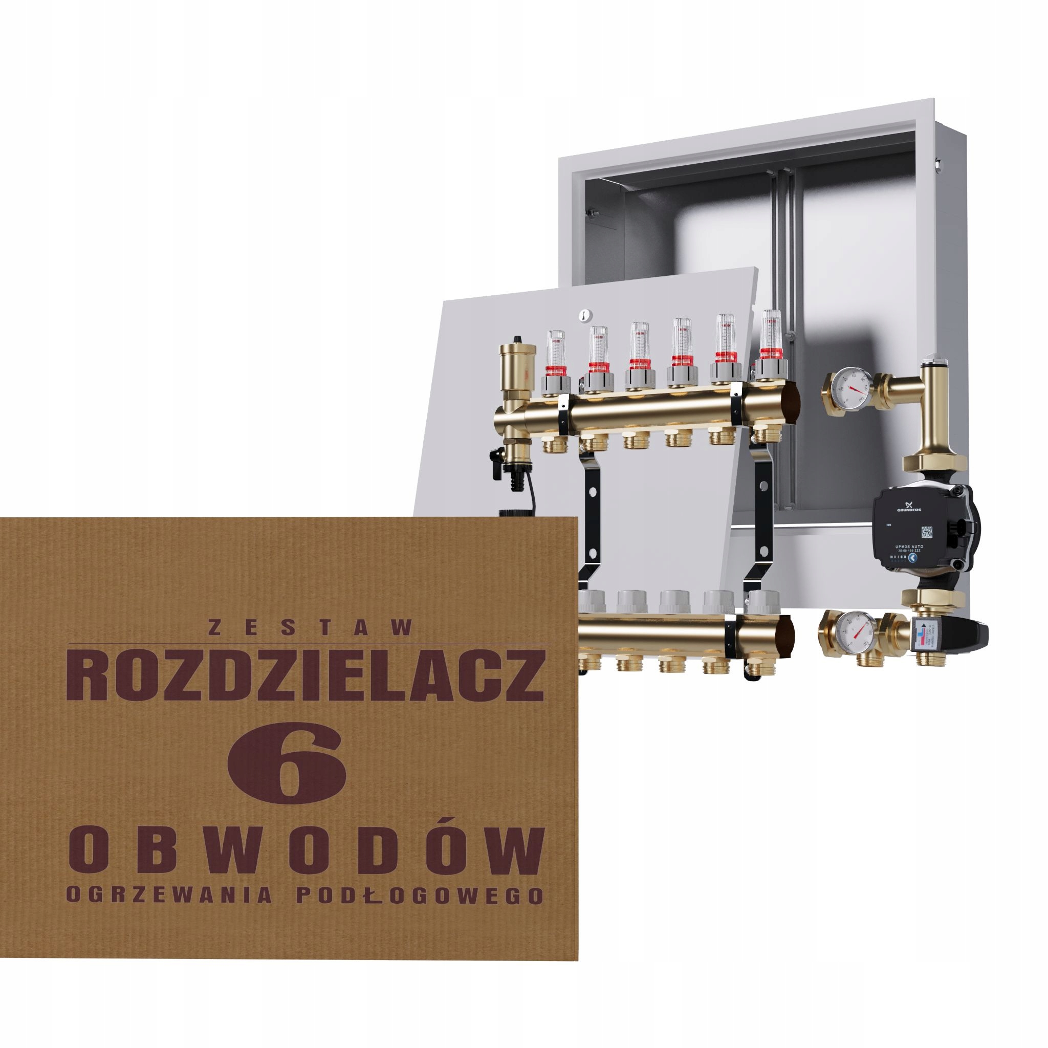 Rozdělovač pro podlahu 6 okruhů se skupinou Grundfos podomítková skříňka