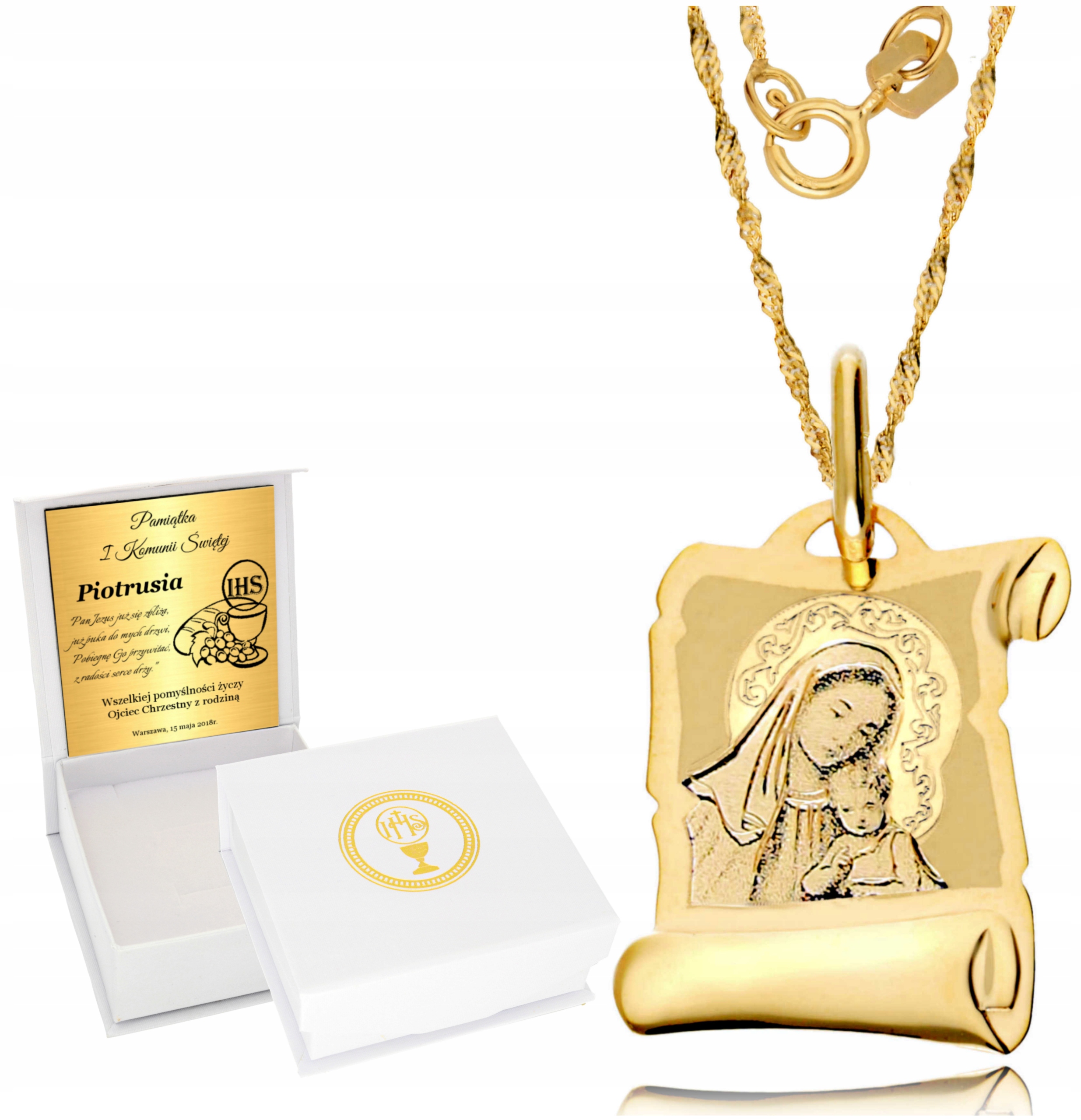 ZŁOTY ŁAŃCUSZEK Z MEDALIKIEM CHRZEST KOMUNIA GRAWER ZŁOTO 333