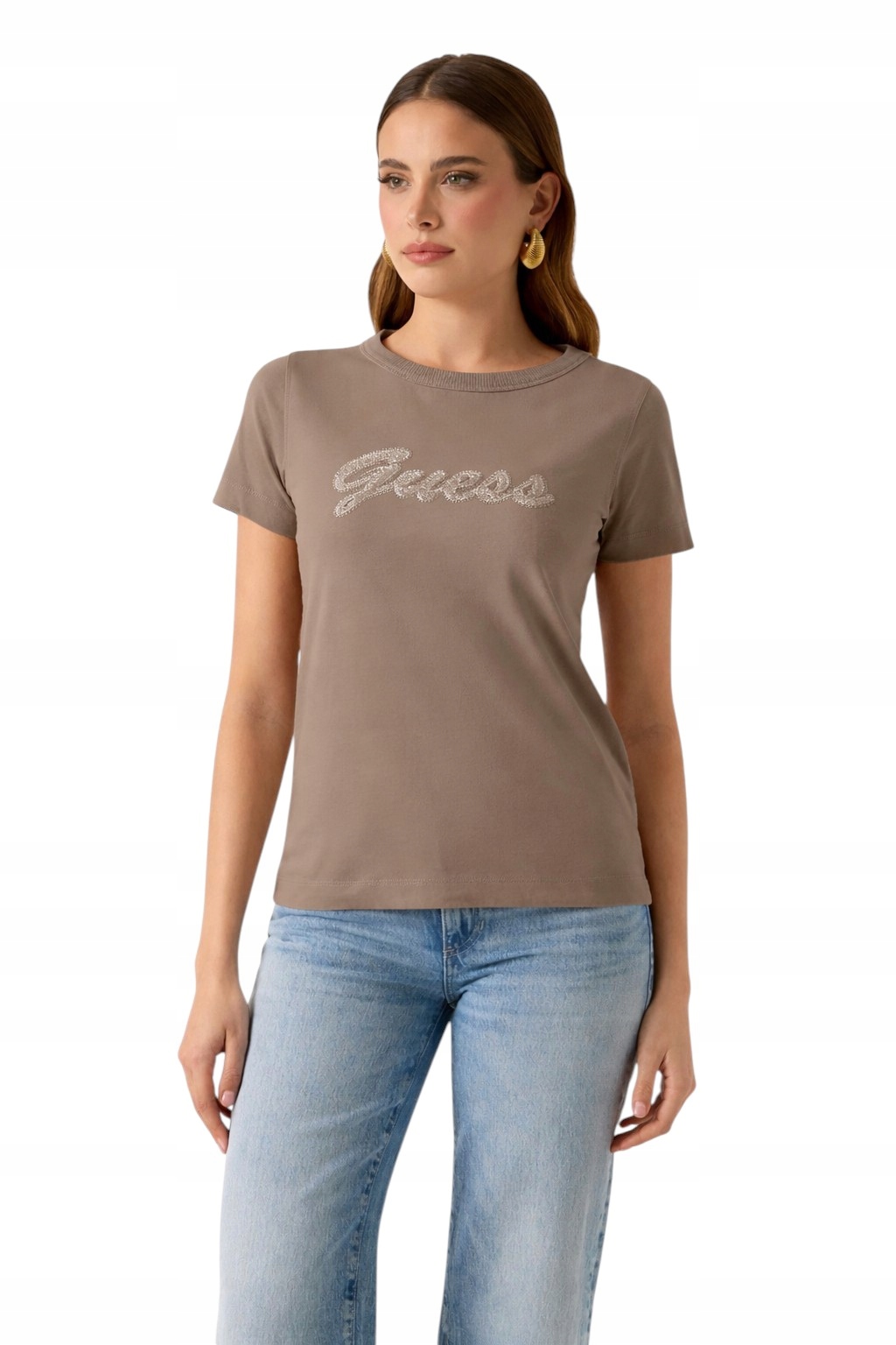 Dámské Tričko Tričko Hnědé Logované Ženské Výšivka Logo Ženská Guess XL