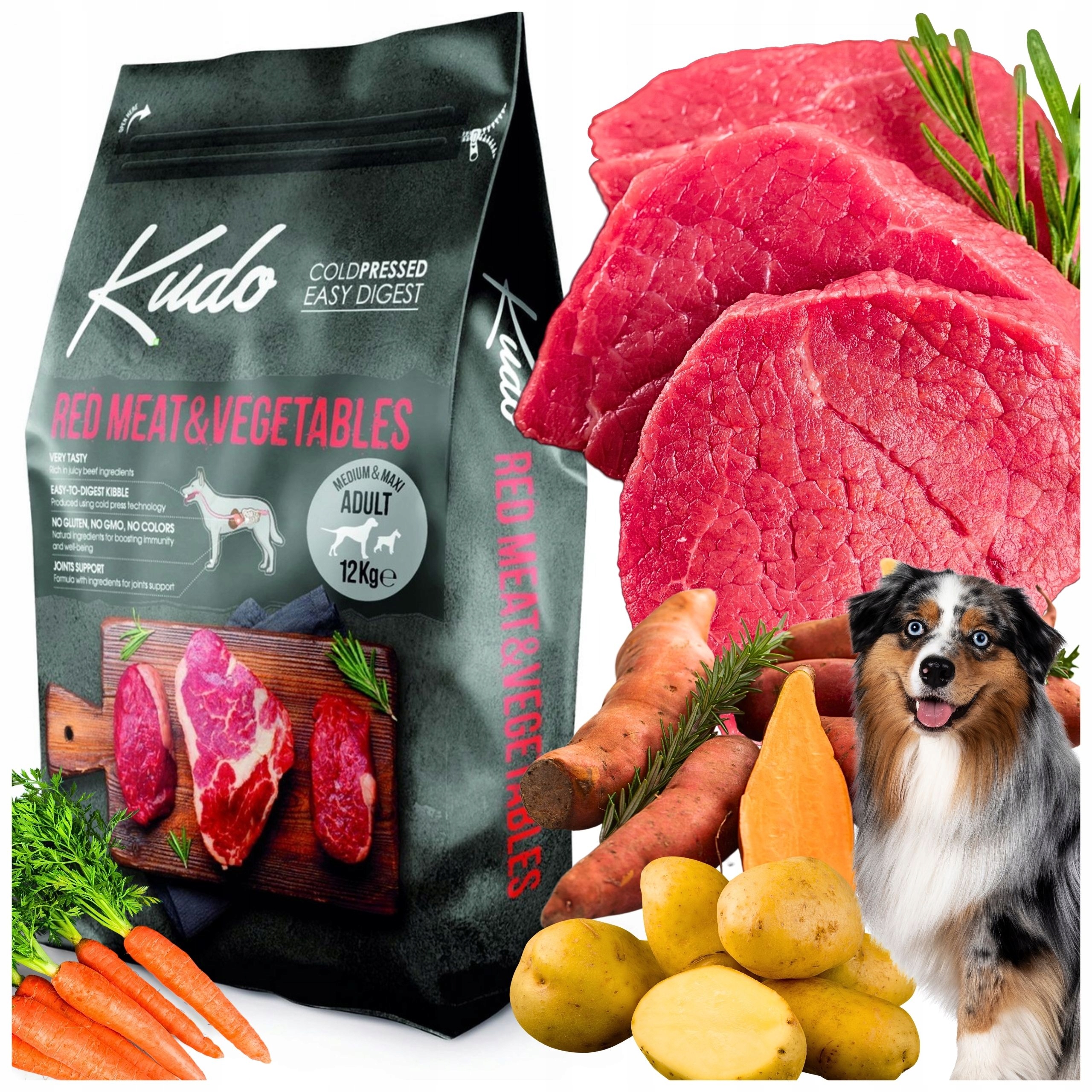 Levně Kudo Krmivo Suché Pro Psa 12KG Medium Maxi Adult Cold Press Hovězí&Zelenina