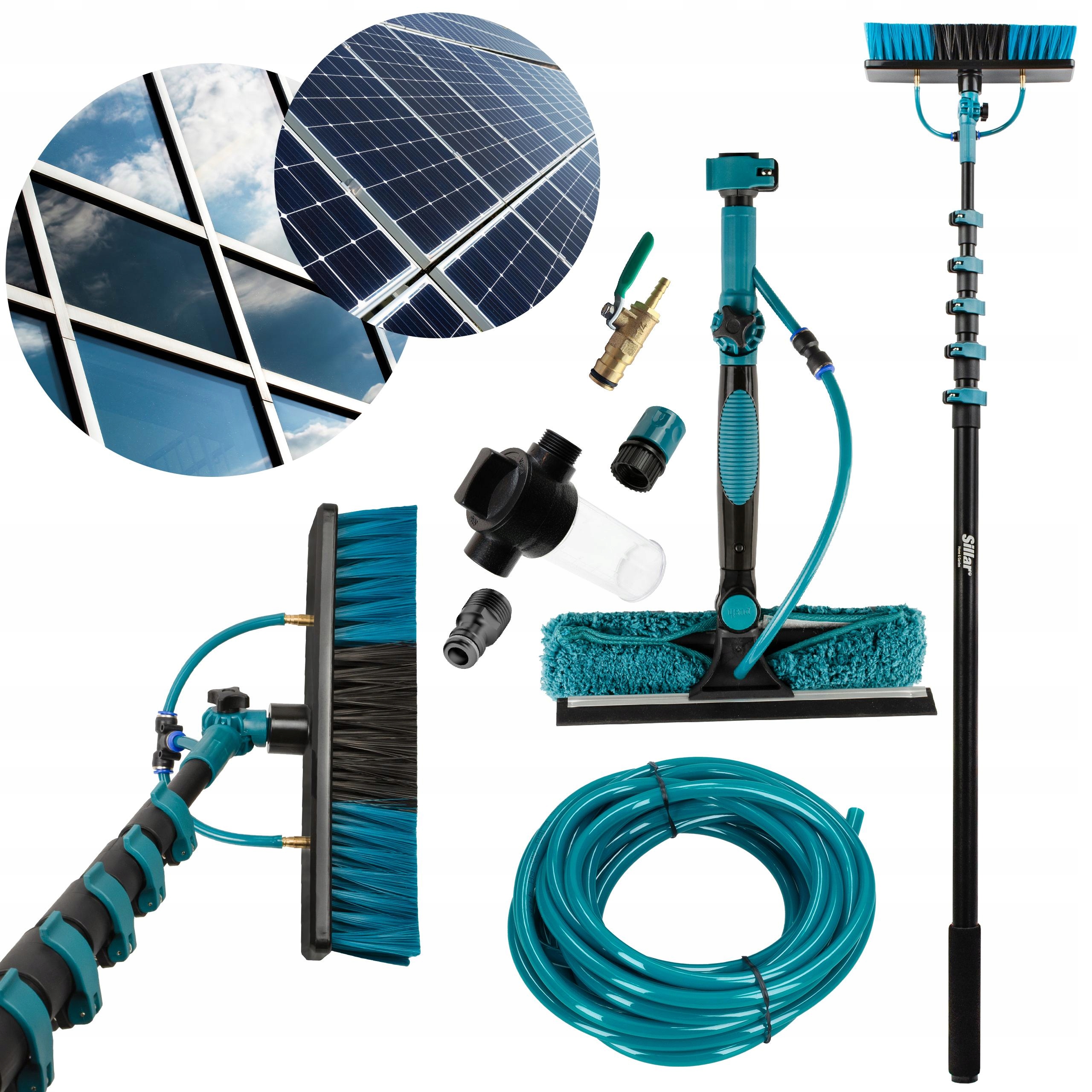 Zestaw mycia paneli okien kij teleskopowy 2x szczotka podajnik płynu