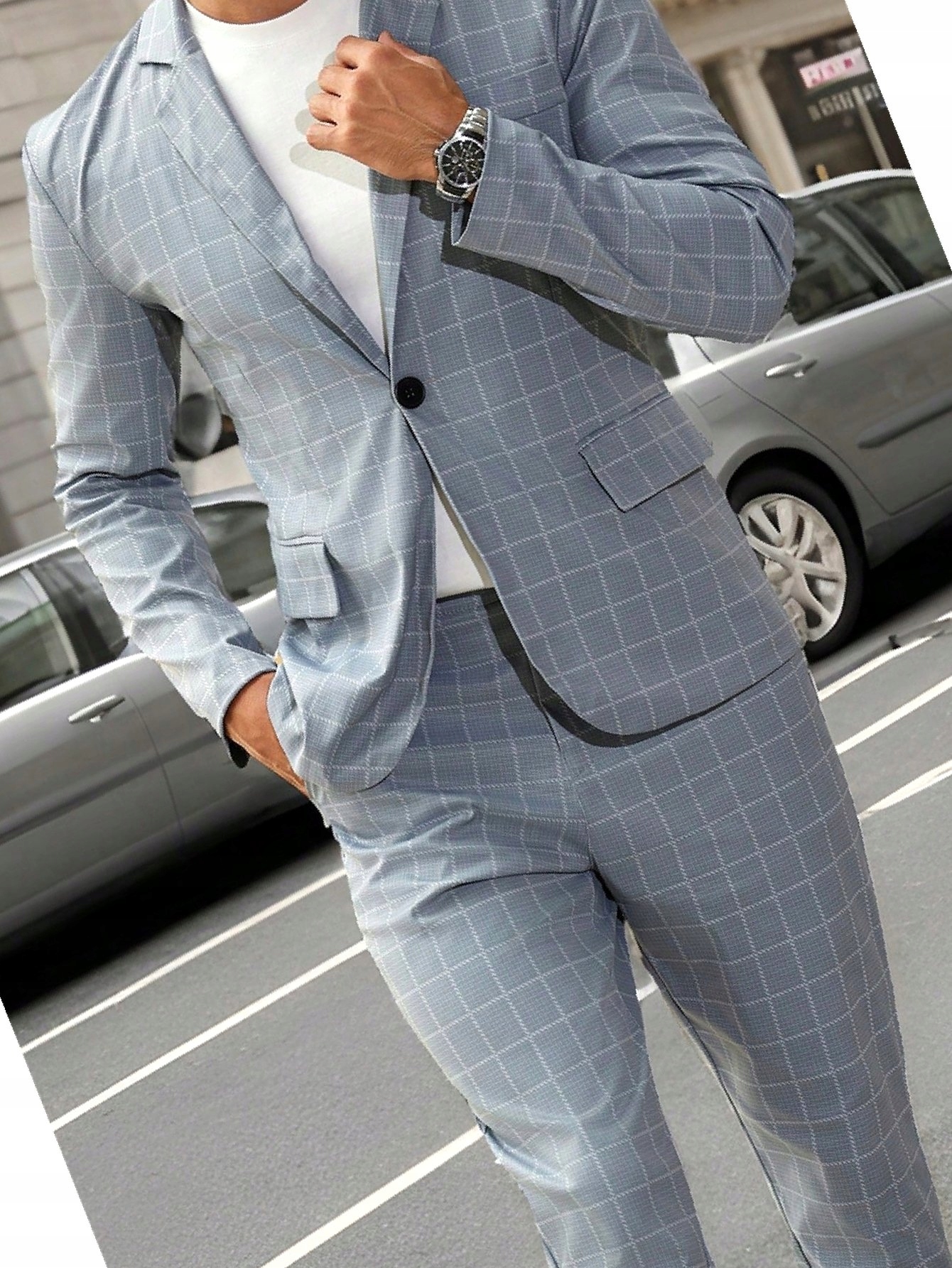 Pánský oblek s mřížkou šedý s kalhotami, návštěvní Sako střih