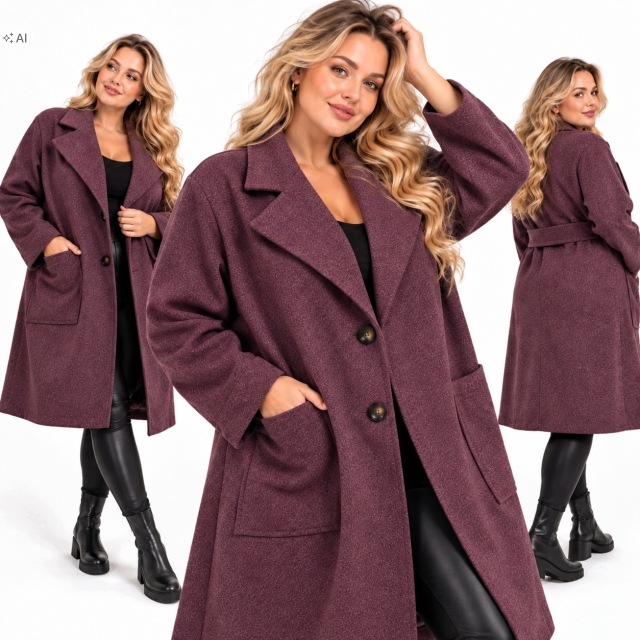 Dámský kabát Boyfriend Měkký Teplý s páskem barva vína 56 58 9xl 10xl
