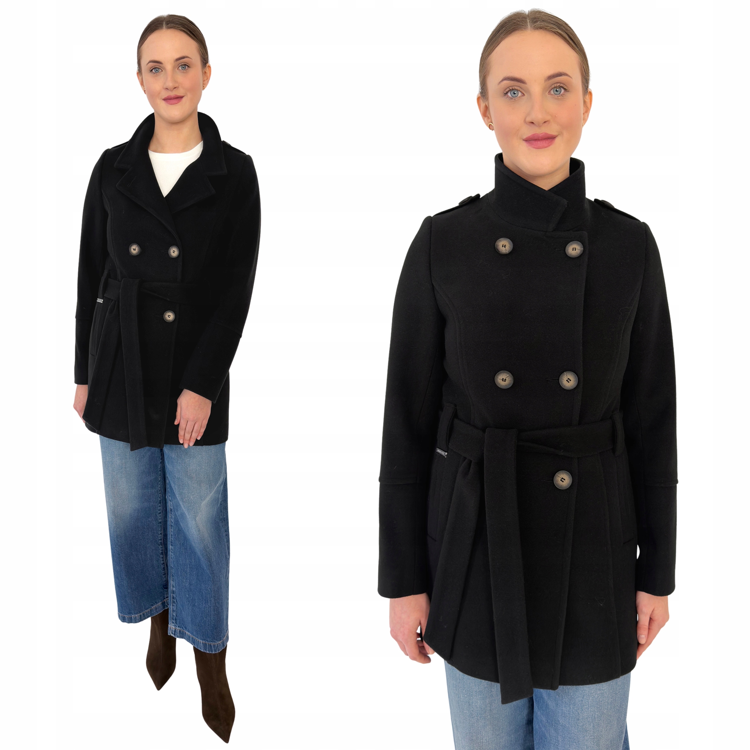 Dámský jarní dvouřadý kabát se stojáčkem a páskem Klara Estodo