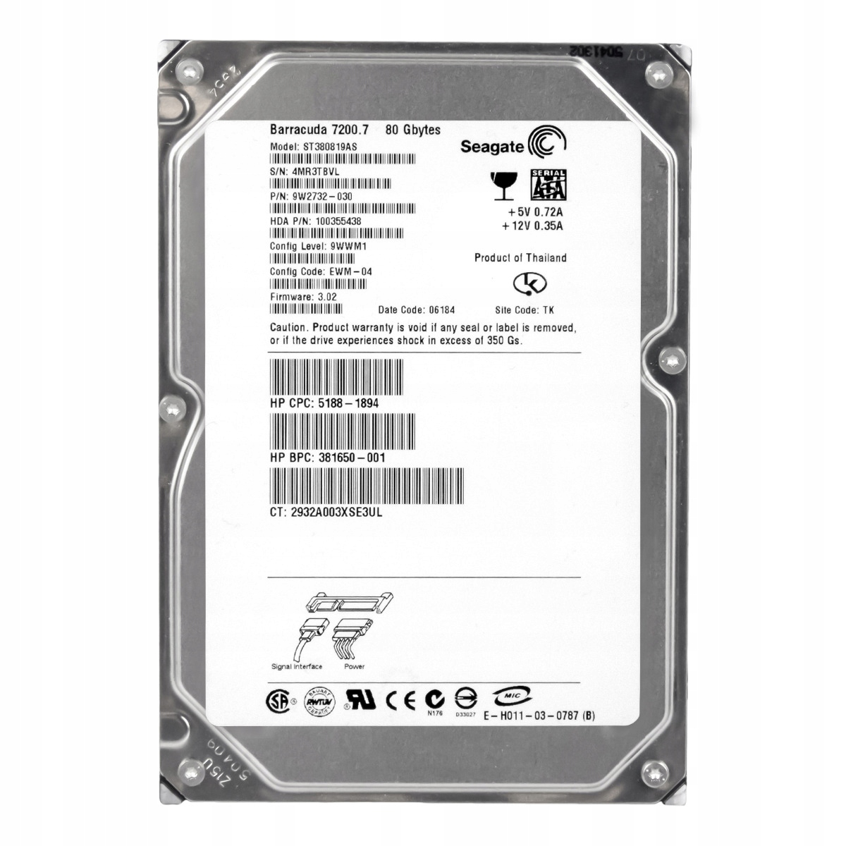 Hp 381650-001 80GB 7.2K 8MB Sata II 3.5'' ST380819AS