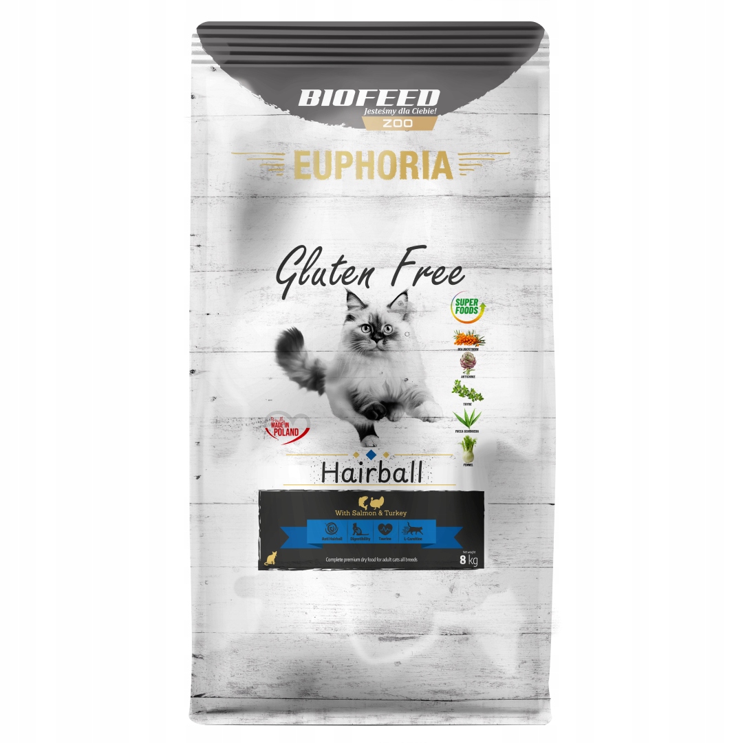 Levně Biofeed Euphoria Gluten Free Hairball 8kg Suché Krmivo Pro Kočky Krůta losos