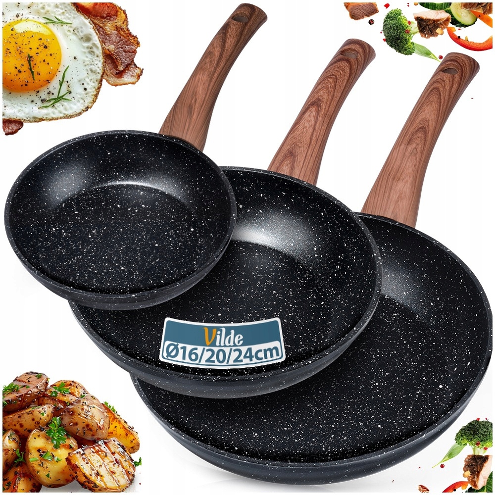 3x Granitová pánev na smažení a dušení, sada pánví Vilde 16 20 24 cm