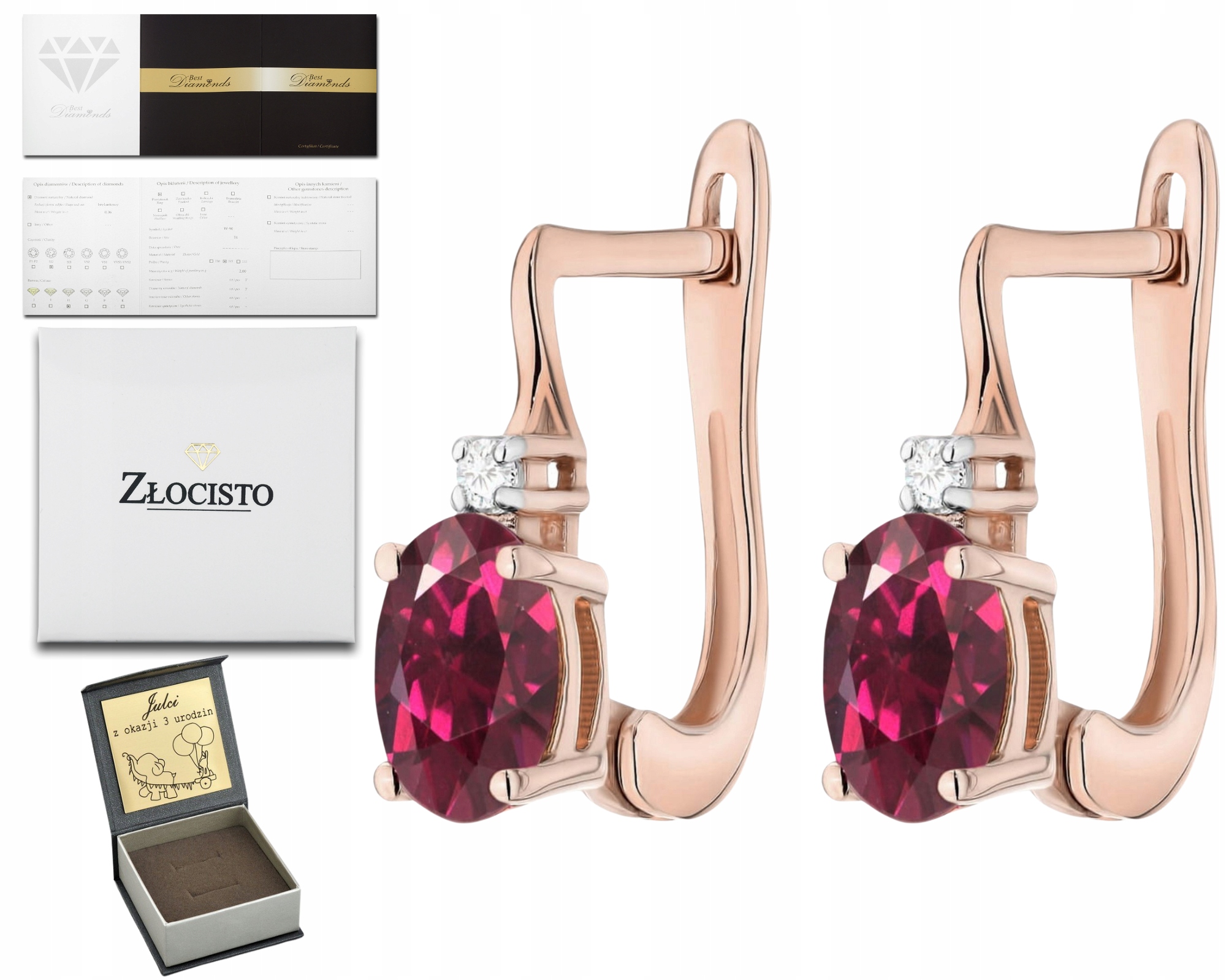 Růžové Zlato Náušnice S Diamantem A Rodolitem, Anglické Zapínání Gravírování