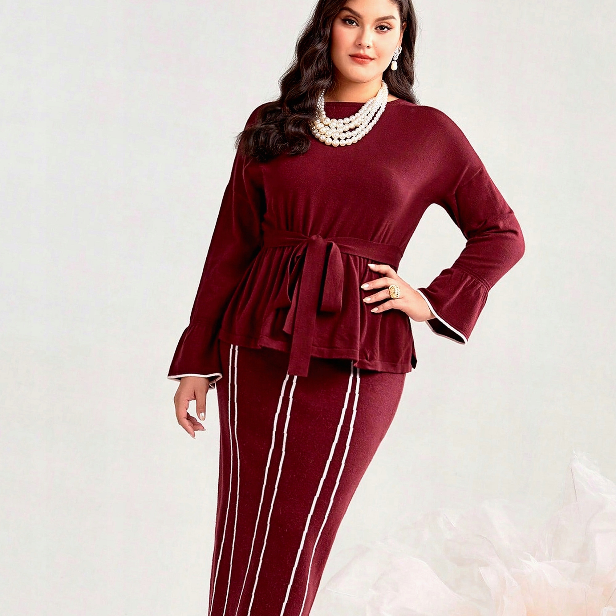 Dámský komplet se sukničkou Burgundský svetr z pleteniny Elegantní 3XL