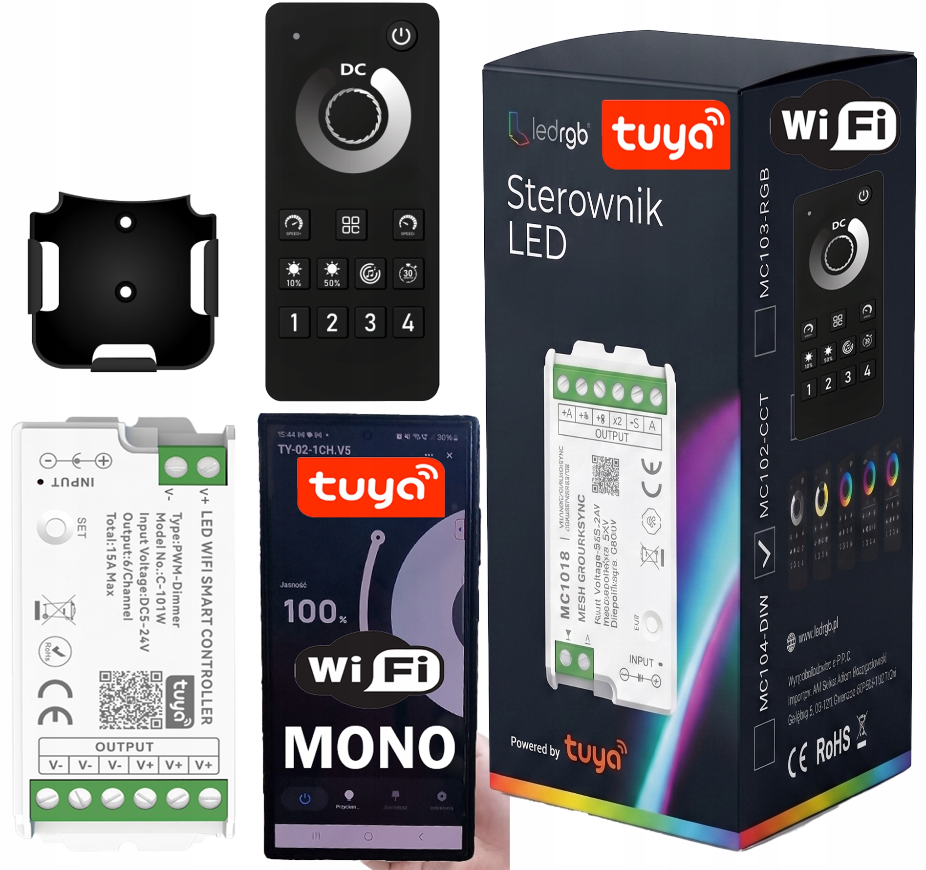 Ovladač Dálkový Ovladač Rádiový stmívač pro Led pásky Cob Mono Wifi 4 Zóny Tuya