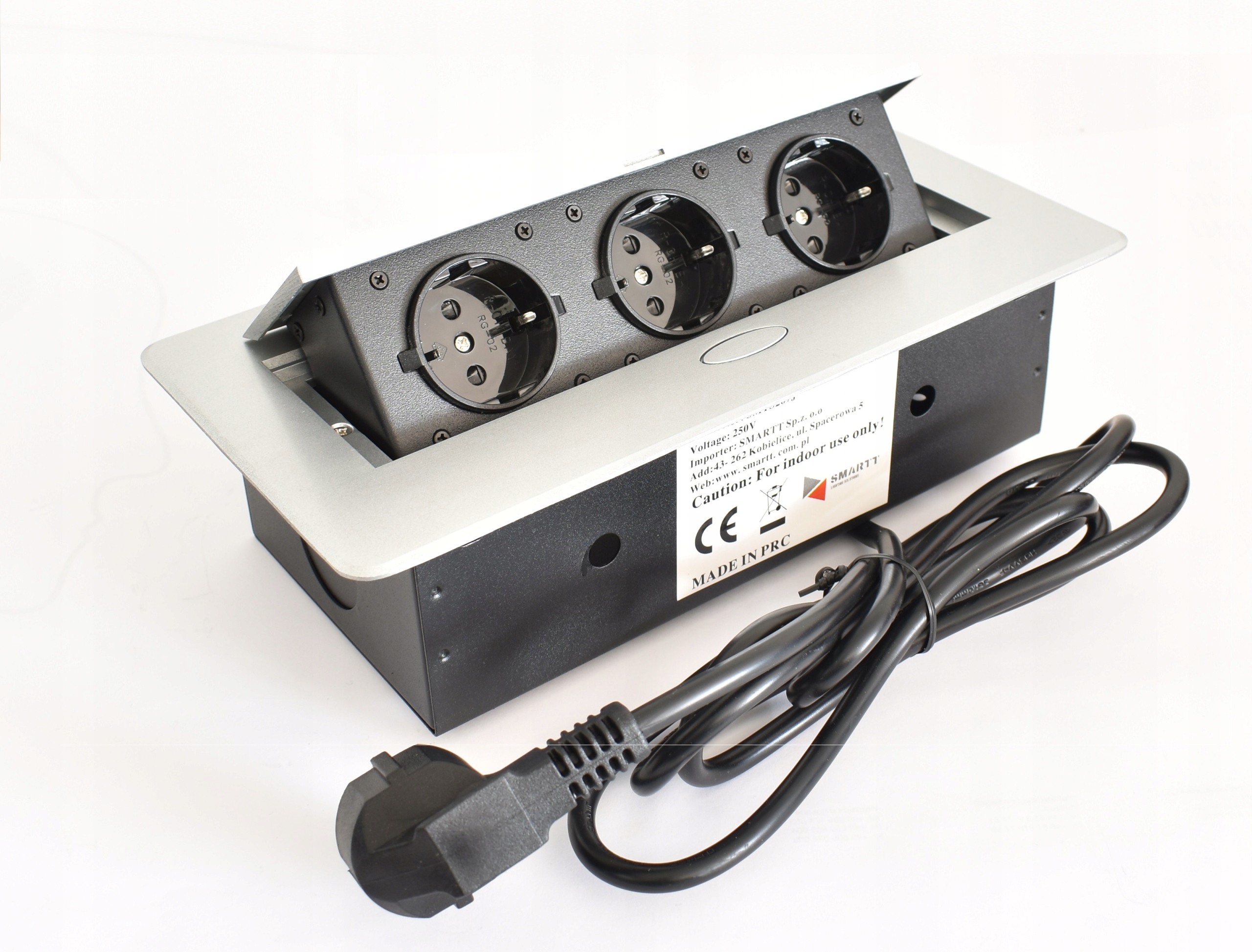 Nábytková zásuvka zasunutelná do desky, prodlužovací kabel 3x 230V, stříbrná