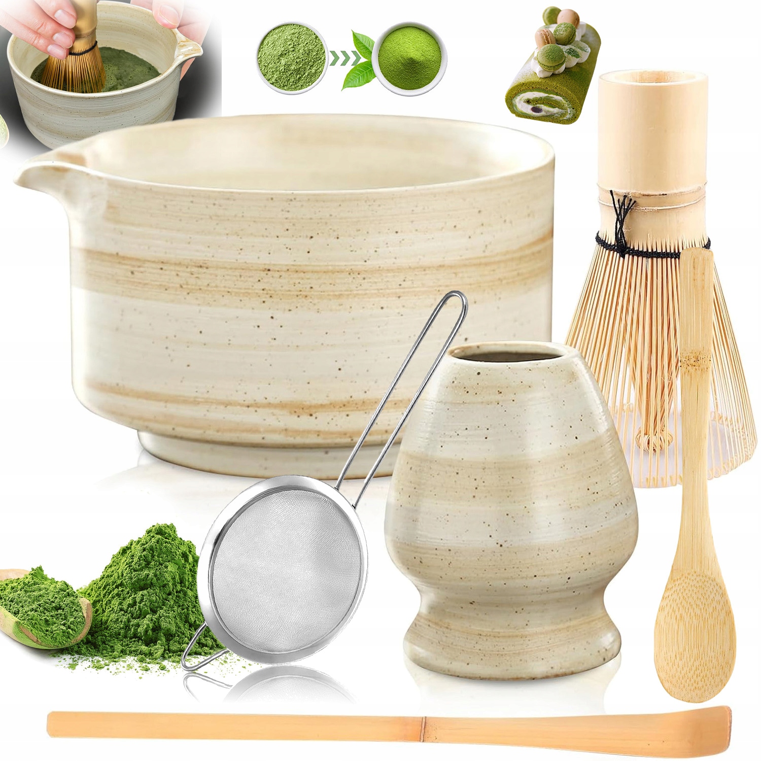 Levně Bambusová Sada Na Výrobu Matchy Šlehací Metla Lžíce Prosévač Matcha 6EL
