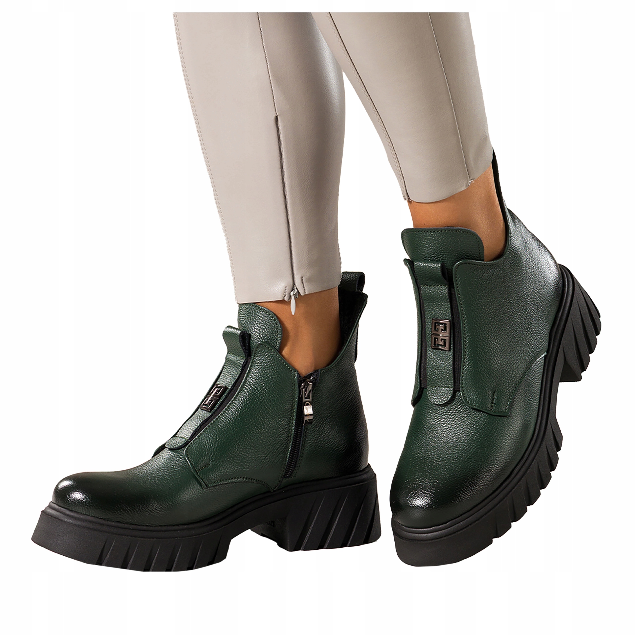 Kotníkové Boty Zelené Kožené Dámské Pohodlné Běžící platforma s ozdobou r 39