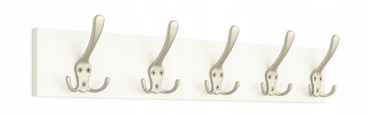 Bílý nástěnný věšák 70 cm s 5 dvojitými saténovými háčky, moderní
