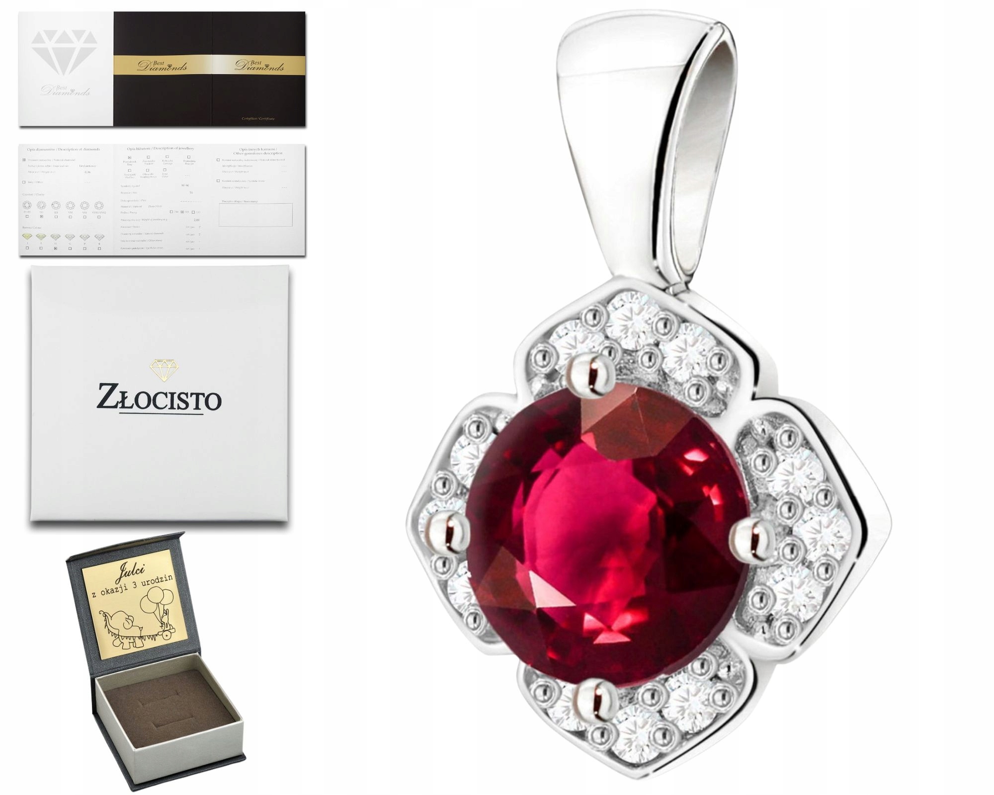 Přívěsek Z Bílého Zlata S Rubíny A Diamanty, Zlato Ryzost 585