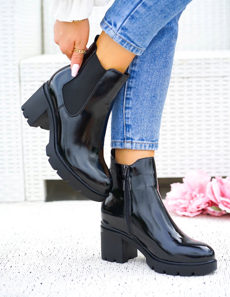 Czarne Lakierowane Botki Blogerki Na Słupku Basic 39 Marka bez marki