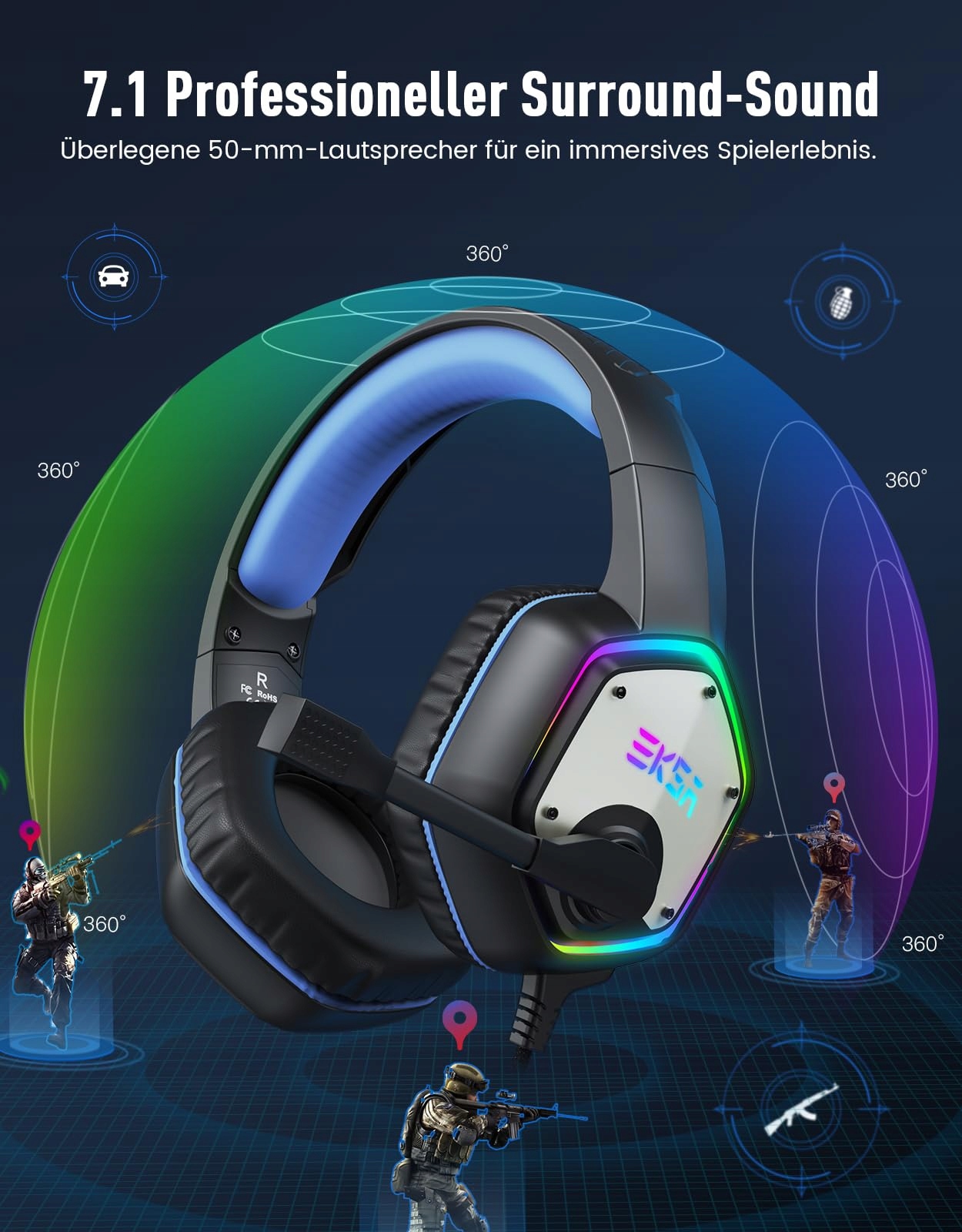 EKSA Słuchawki USB z Mikrofonem RGB 7.1 Surround Gaming PC PS4 PS5 Laptop — miniatura 2