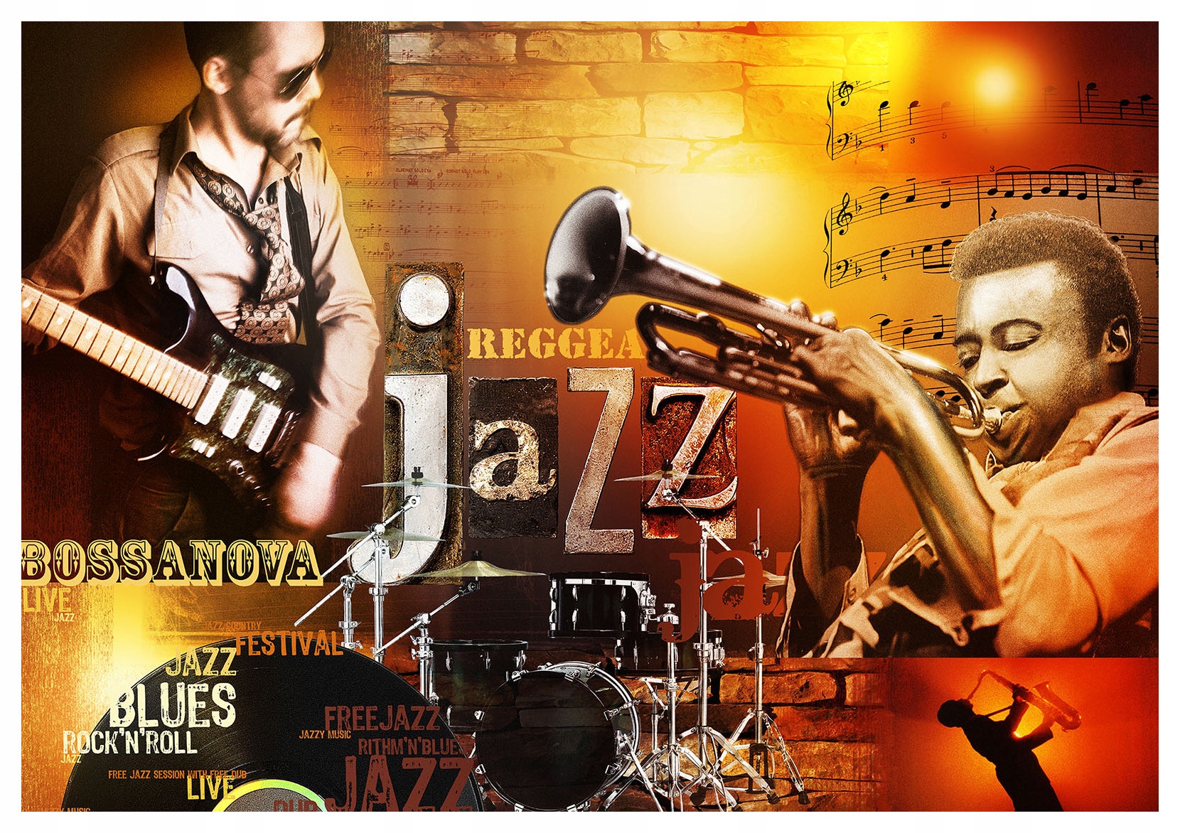 Fototapeta Jazzové motivy Hudba na zdi ve stylu vintage 200x140 lepidlo