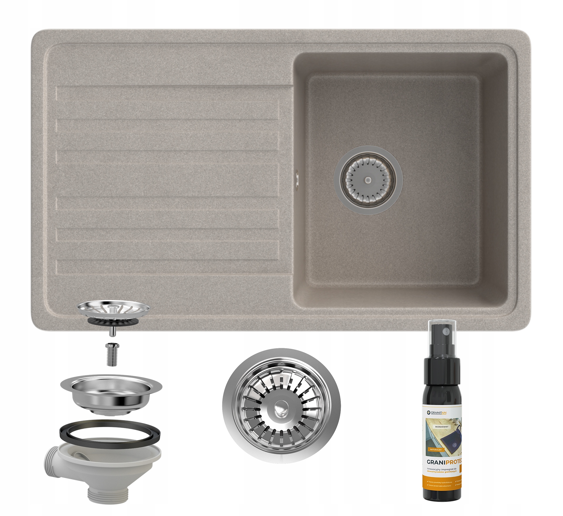 Granitový Drez 1KOM, Odkapávač, Hnedý Sifón, Lemon