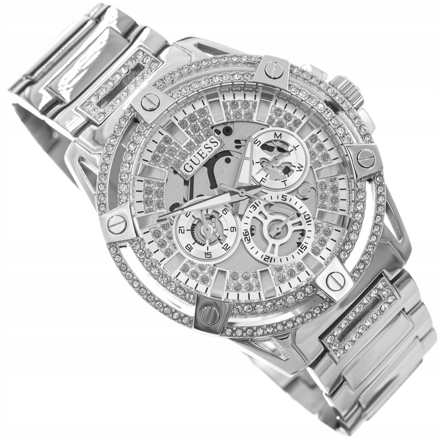 Męski Zegarek Guess GW0497G1 King Srebrny Z Cyrkoniami Modowy Datownik