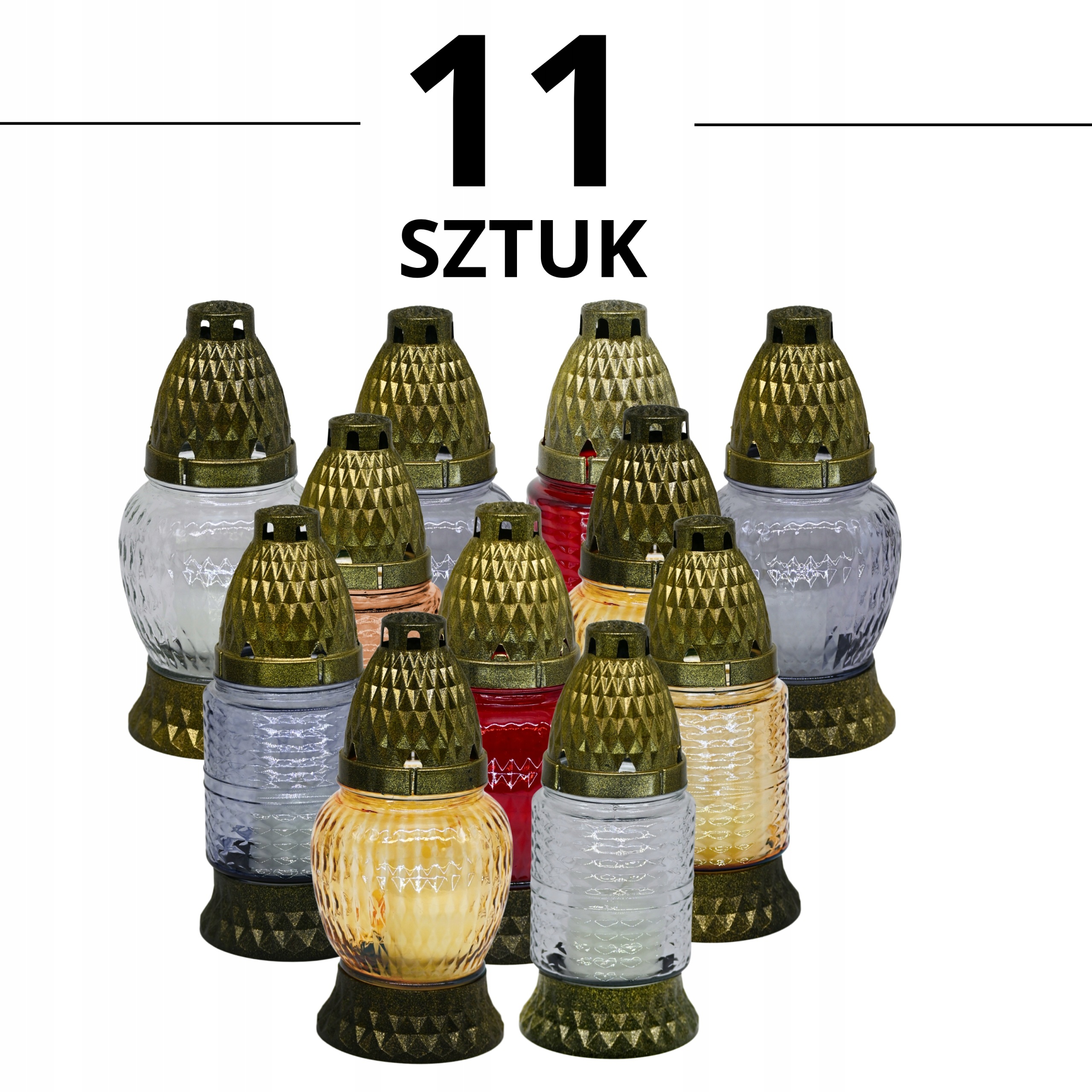 11x ZNICZ SZKLANY LAMPION LAU351 WYSOKOŚĆ 17cm, CZAS PALENIA 9h, MIX KOLOR
