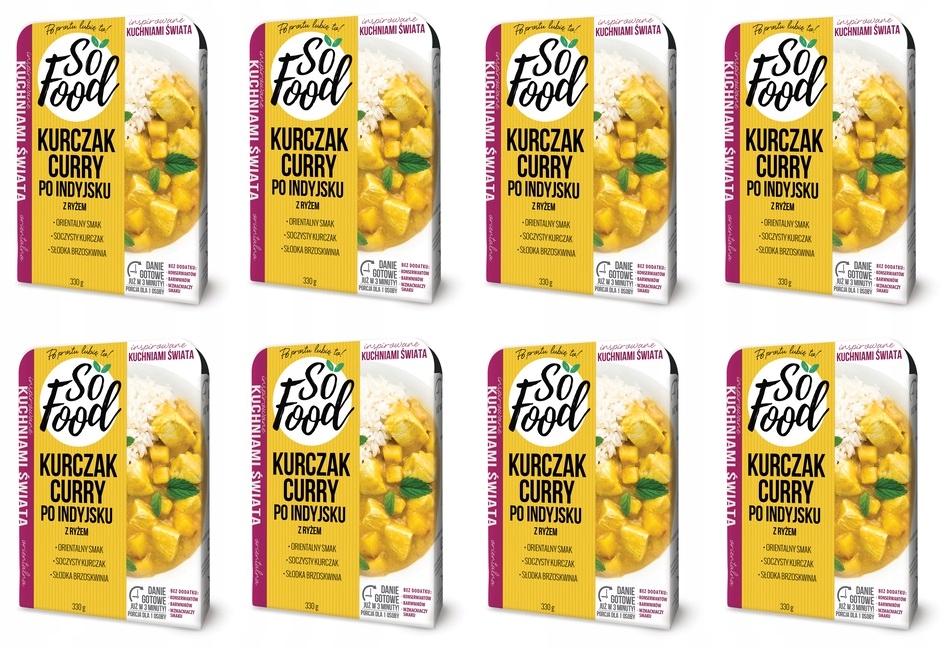 Levně 8 x 330 g So Food Kuřecí kari po indické s rýží a hotovým pokrmem Karton