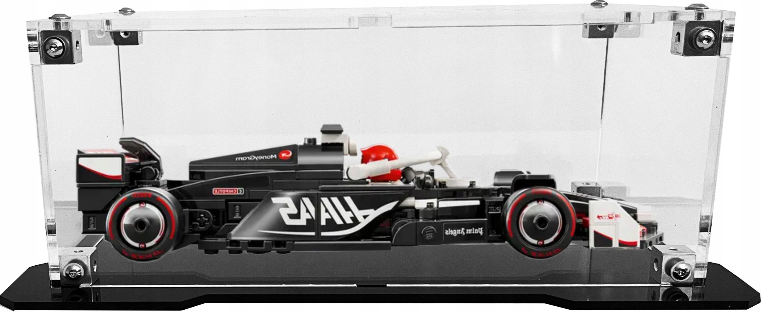 Vitrína s černou základnou pro stavebnici Lego 77250 Formule F1 MoneyGram Haas
