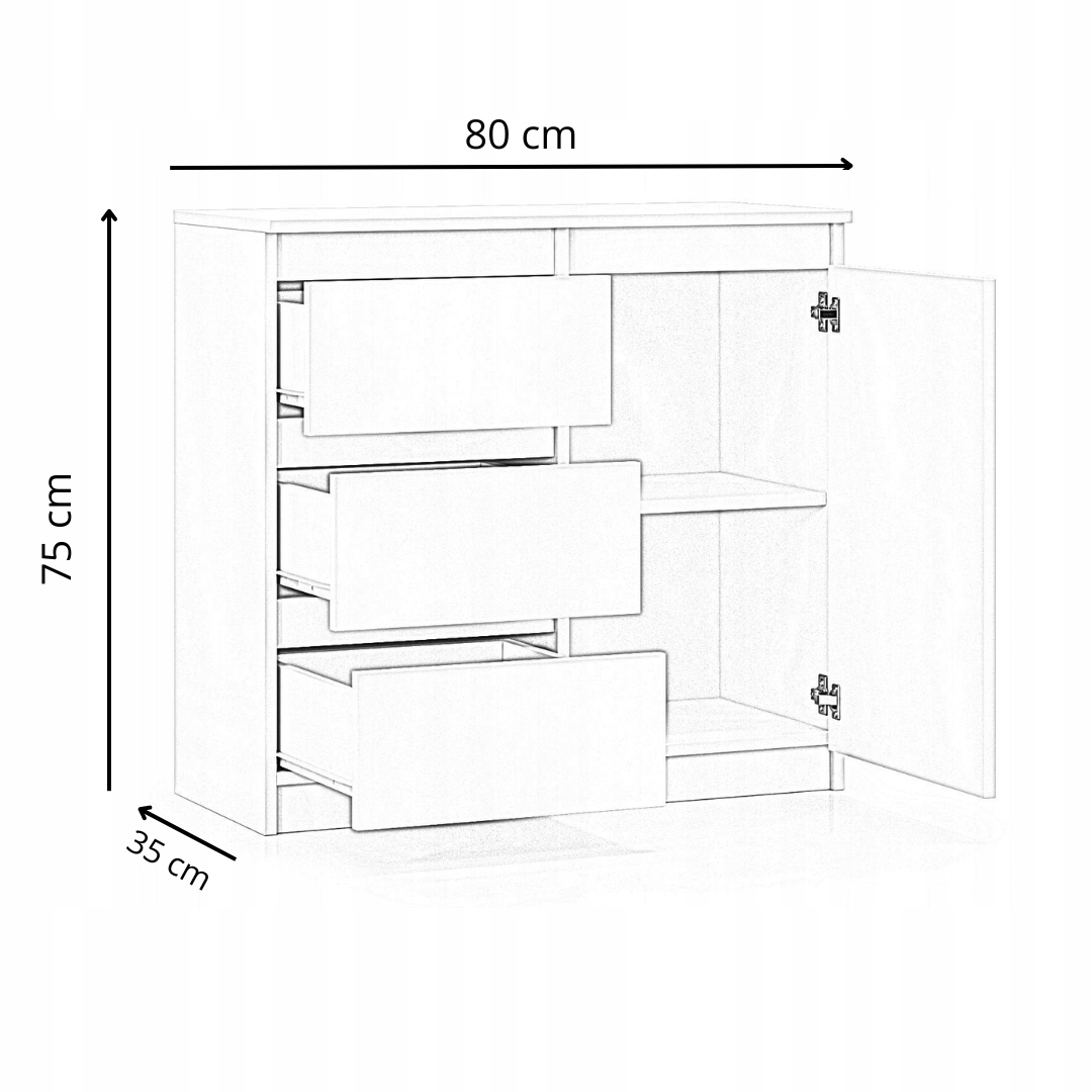 DUŻA POJEMNA KOMODA SZAFKA RTV 3 SZUFLADY DRZWI BIAŁA MAT DĄB SONOMA 80 cm Wysokość mebla 75 cm