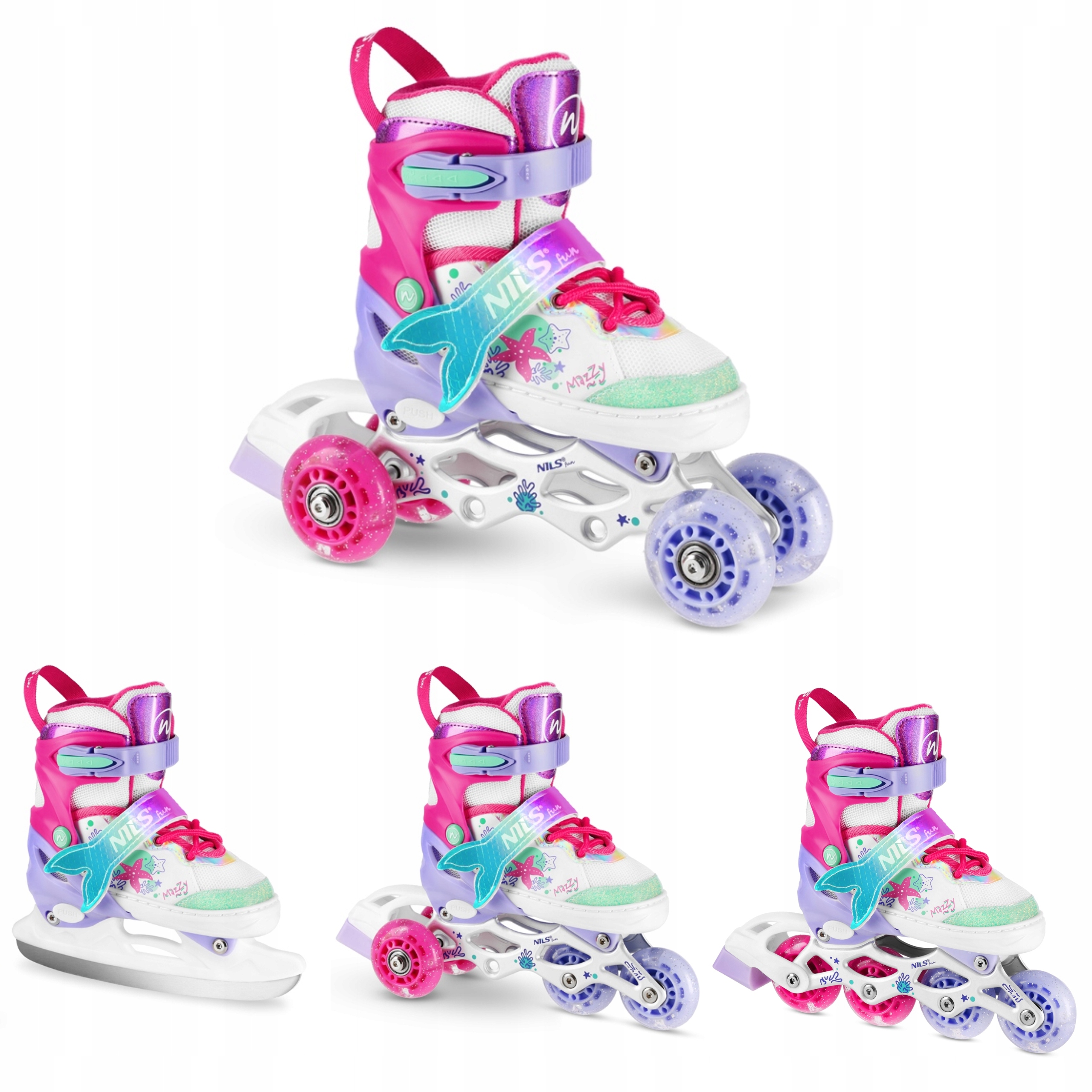 Kolečkové Brusle 4v1 kolečkové brusle brusle na led nastavitelné kaučuková kola ABEC7 vel. 35-38 Nils Fun