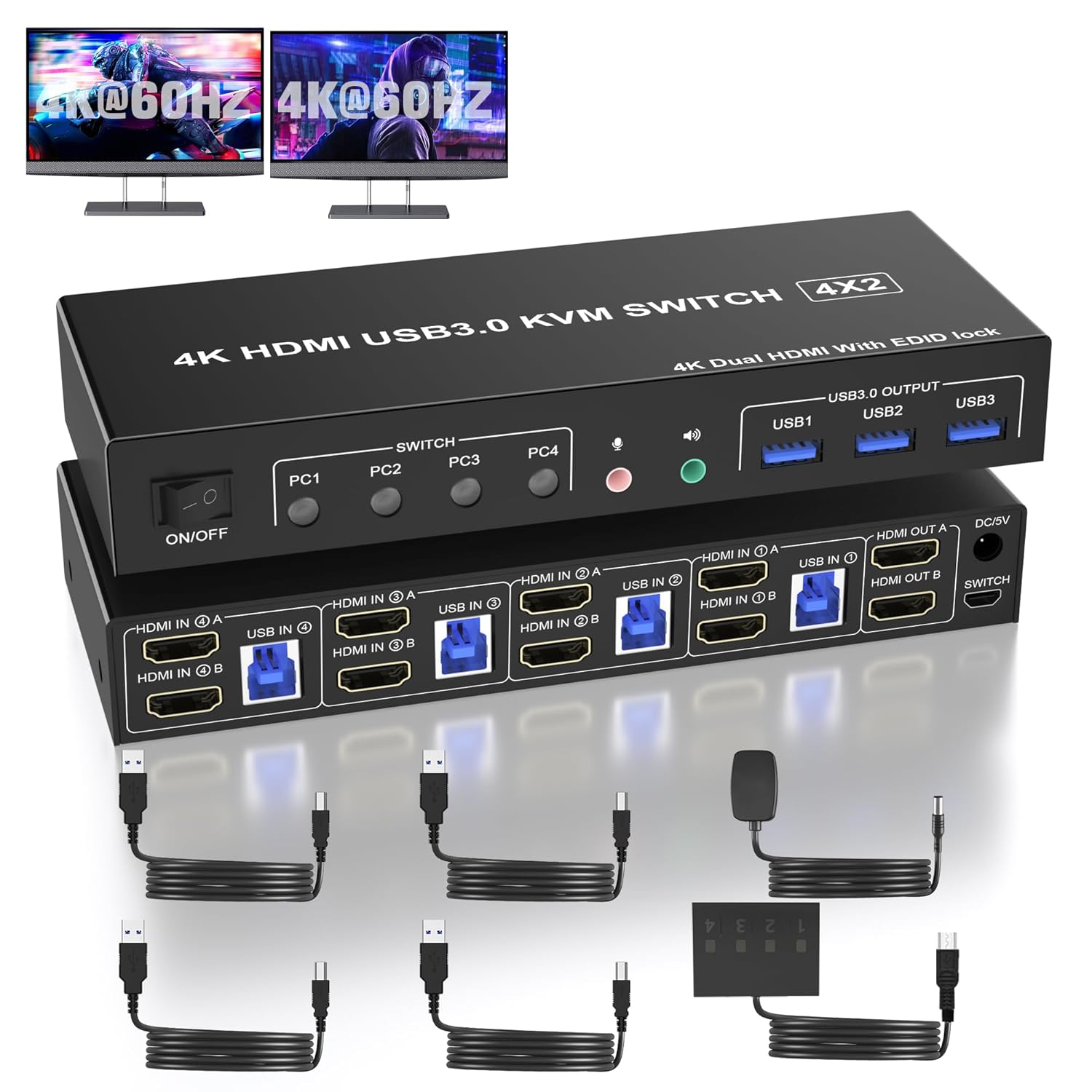 Kvm Hdmi přepínač Usb 3.0 4 Pc 2 monitory 4K 60Hz Edid pro klávesnici