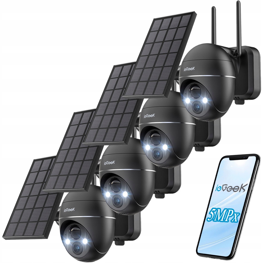 5MPx venkovní solární kamera s baterií, bezdrátové otočné monitorování x4